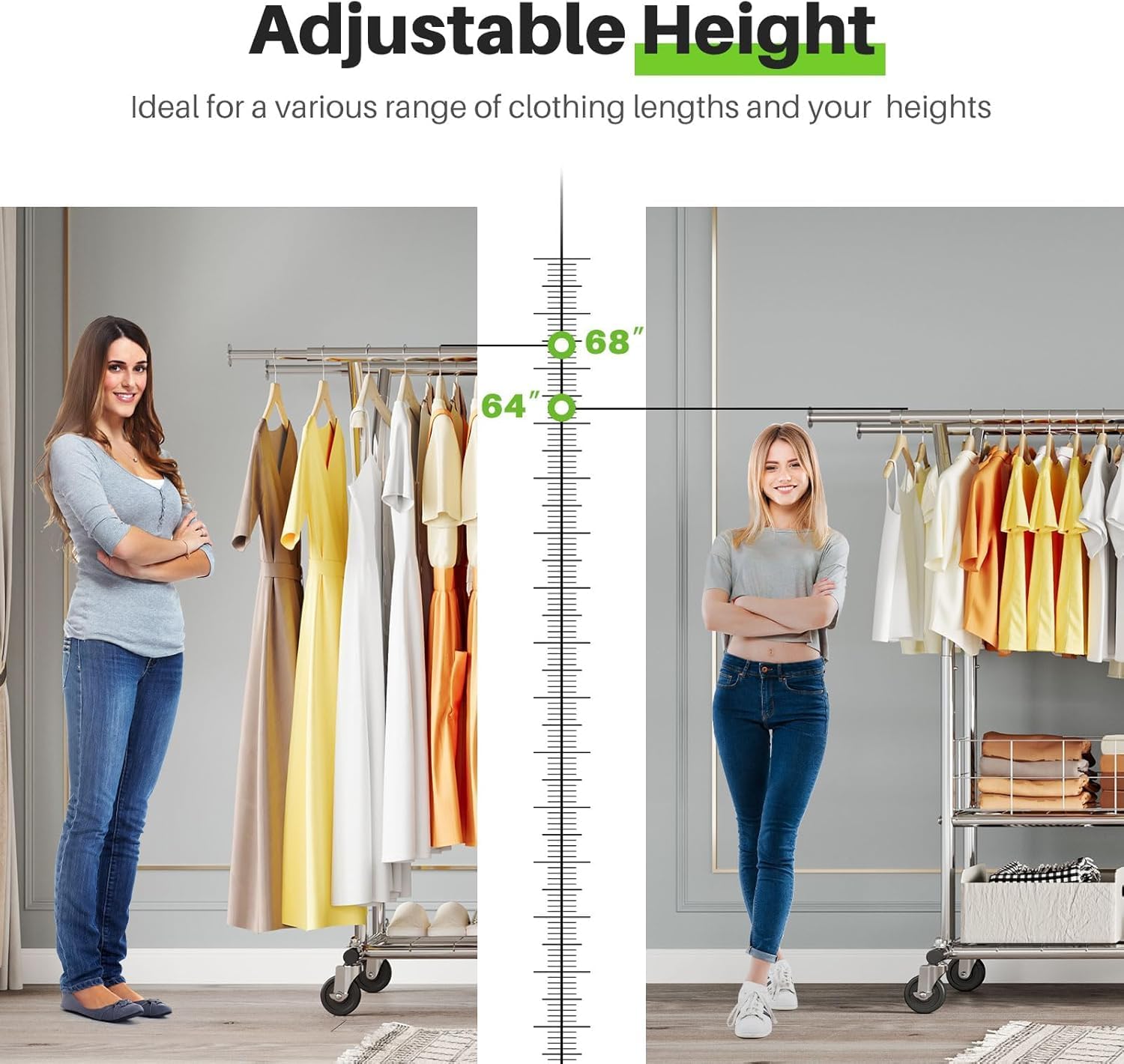 HOKEEPER Clothing Rack Heavy Duty Clothes Rack for Hanging Clothes Adjustable Clothes Rack with Metal Basket, Commercial Double Rod Garment Rack with Wheels for Bed Room Living Room Laundry