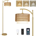 Gold Floor Lamps for Living Room with Remote Dimmable LED Bulb, Arc Floor Lamp with 3 Color Temperatures, Boho Standing Lamp with Rattan Fabric Shades, Adjustable Tall Lamp for Bedroom