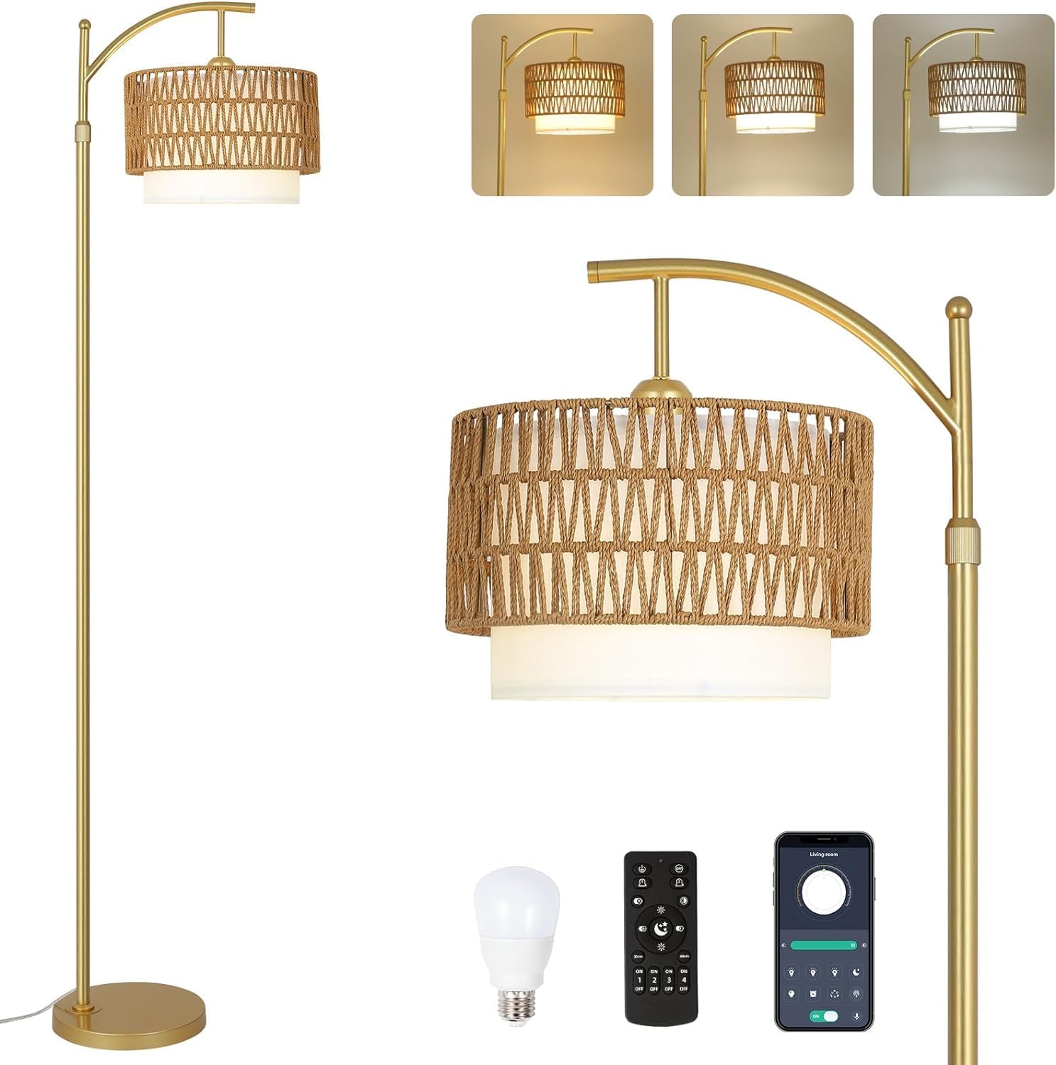 Gold Floor Lamps for Living Room with Remote Dimmable LED Bulb, Arc Floor Lamp with 3 Color Temperatures, Boho Standing Lamp with Rattan Fabric Shades, Adjustable Tall Lamp for Bedroom