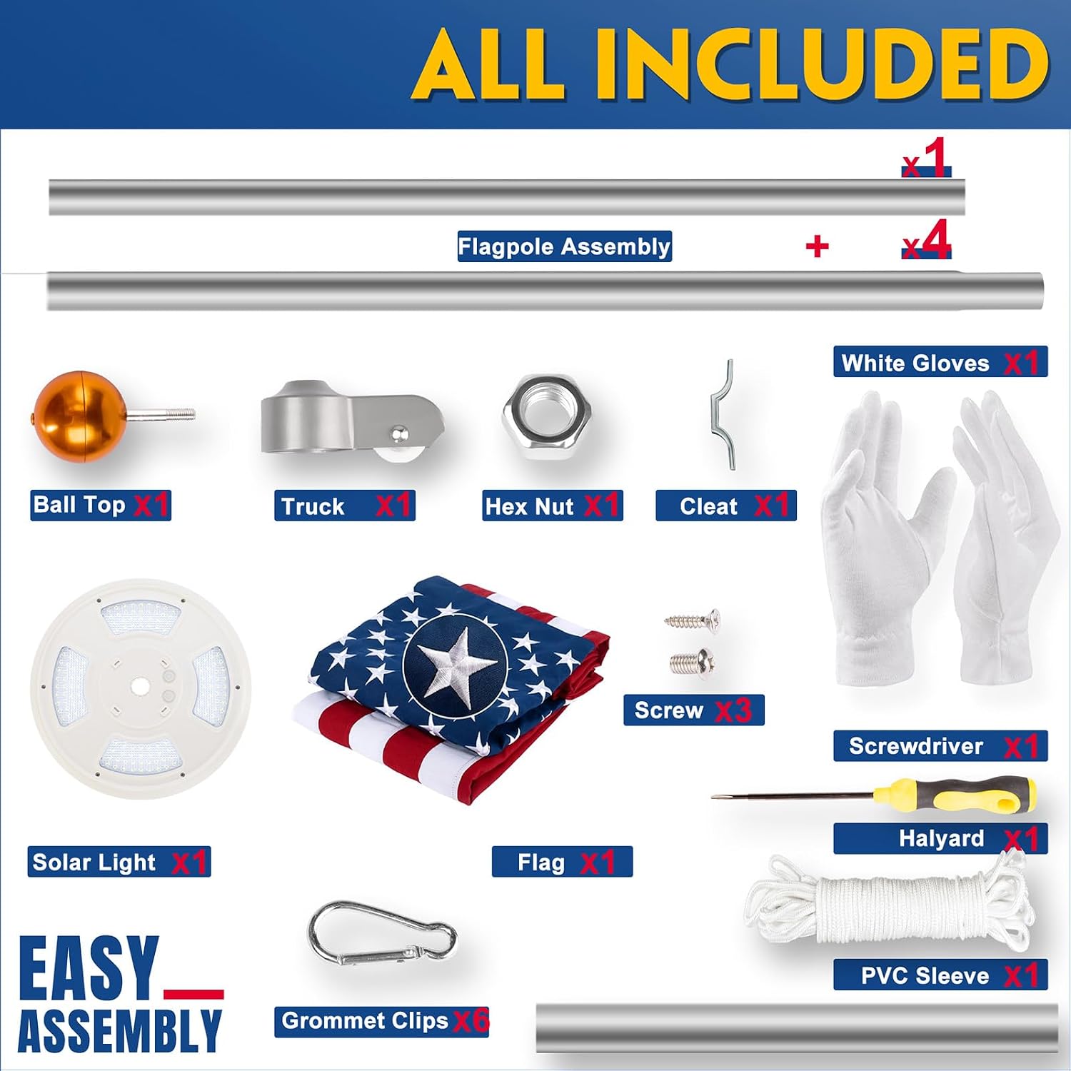 20FT Sliver Heavy Duty Flag Pole Kit with Solar Light & 3x5Ft American Flag | Wind resistant 12 gauge aluminum flies no tangle 3x5 US flag, with 128 LED solar light for 10H continuous shining