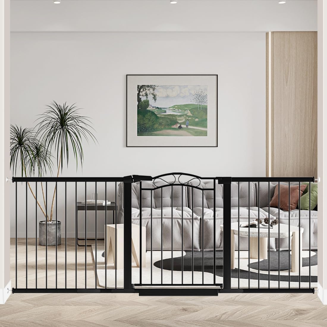 Fairy Baby 81.9'-84.6' Extra Wide Baby Gate for Stairs, Pressure Mounted Auto Close Child Safety Gate with Door No Drill, Large Long Pet Dog Gate for the House Doorways, 82 83 84 Inches Wide, Black