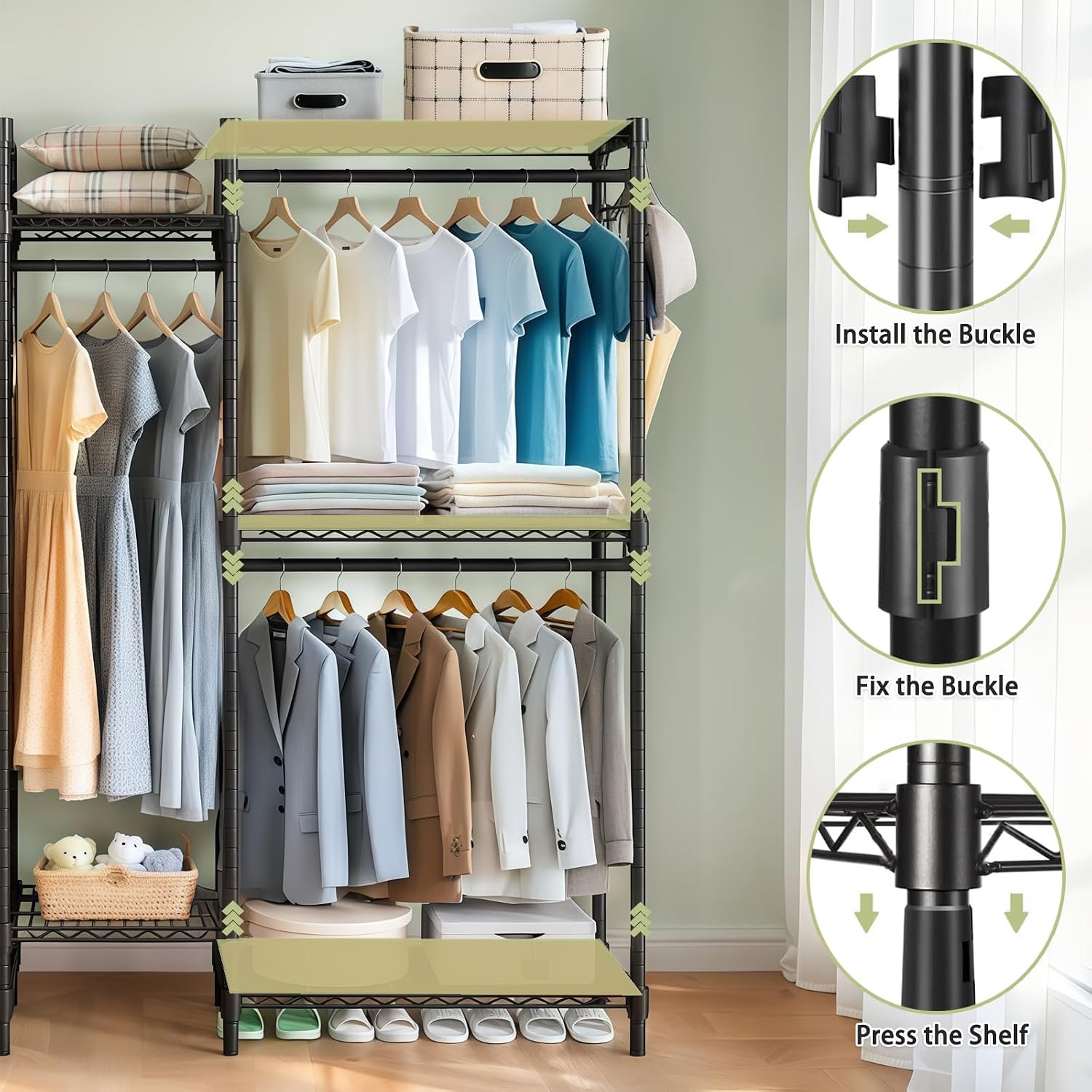Heavy Duty Garment Rack, Freestanding Closet Organizer, Portable Wardrobe Clothes Rack, Adjustable Wire Shelving Clothes Rack with 8 Adjustable Wire Shelves and 5 Clothes Rails, Black (Without Hook)