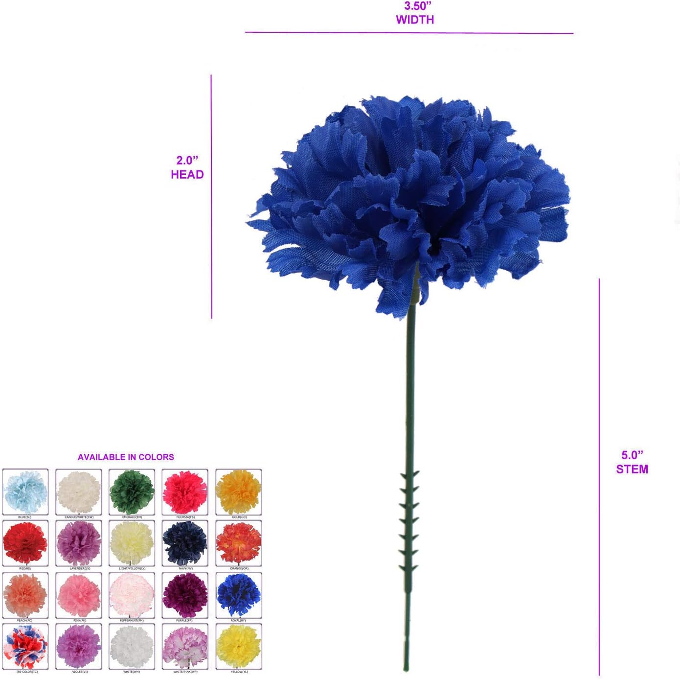 Larksilk 500 Pack Royal Blue Carnations Artificial Flowers, Silk Heads | Bulk 500 royal blue silk carnation heads on 5in wired stems for wedding centerpieces, bouquets, arches & DIY crafts