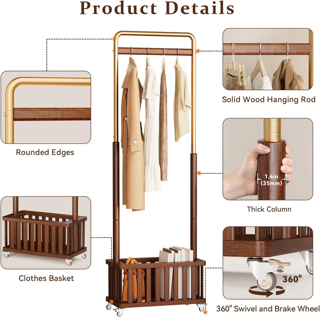 Taitiy Clothes Rack Solid Wood Coat Rack, Metal and Solid Wood Combination Clothing Rack with Wheels for Entryway, Bedroom, Living Room, Coat Racks Freestanding for Hanging Clothes Garment Scarf