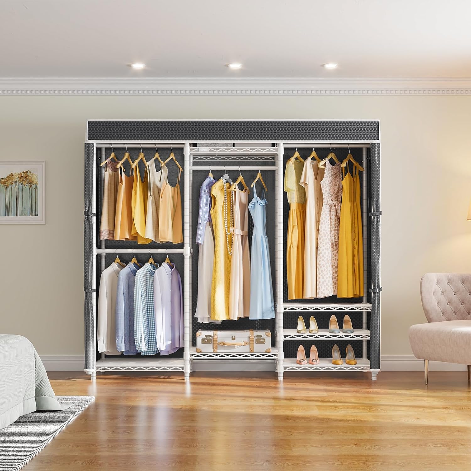 VIPEK V5C Medium Covered Clothes Rack Heavy Duty Portable Closet Wardrobe, Freestanding White Clothing Rack with Black Upgraded Polyester Cover, Adjustable Custom, 56.7' Lx15.7 Wx76.4 H