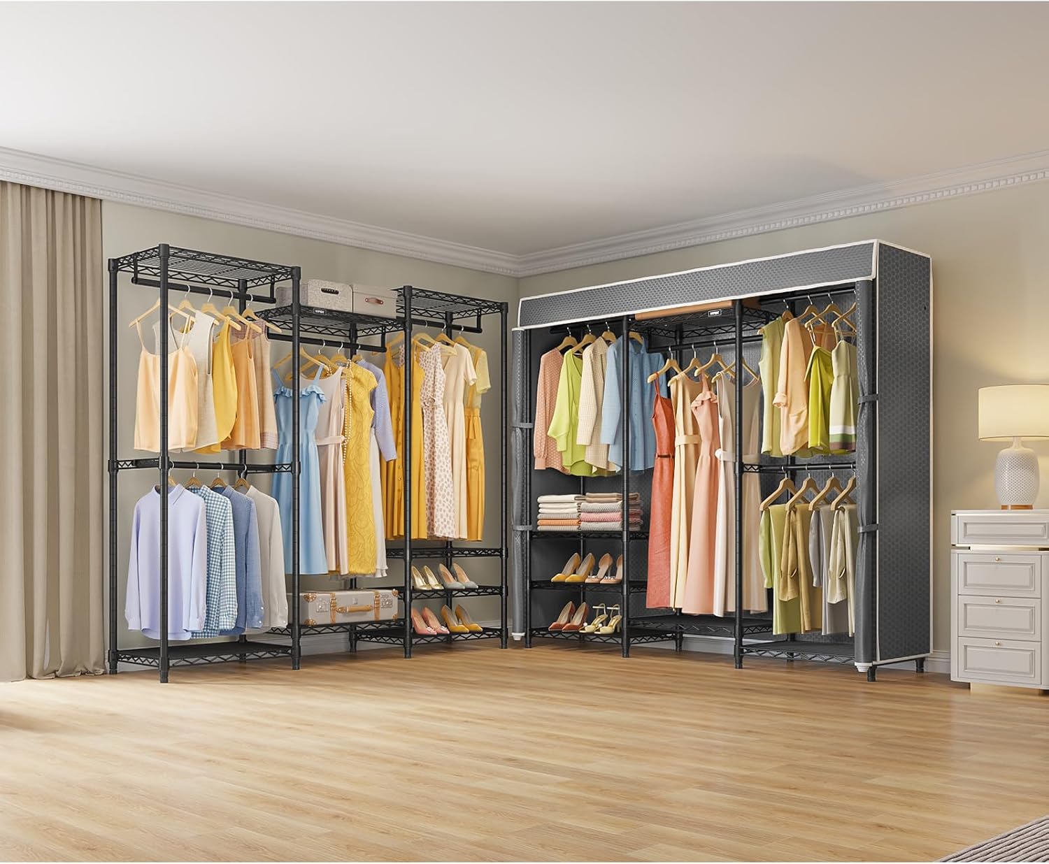 VIPEK V5C Medium Covered Clothes Rack Heavy Duty Portable Closet Wardrobe, Freestanding Black Clothing Rack with Grey Upgraded Polyester Cover, Adjustable Custom, 56.7' Lx15.7 Wx76.4 H