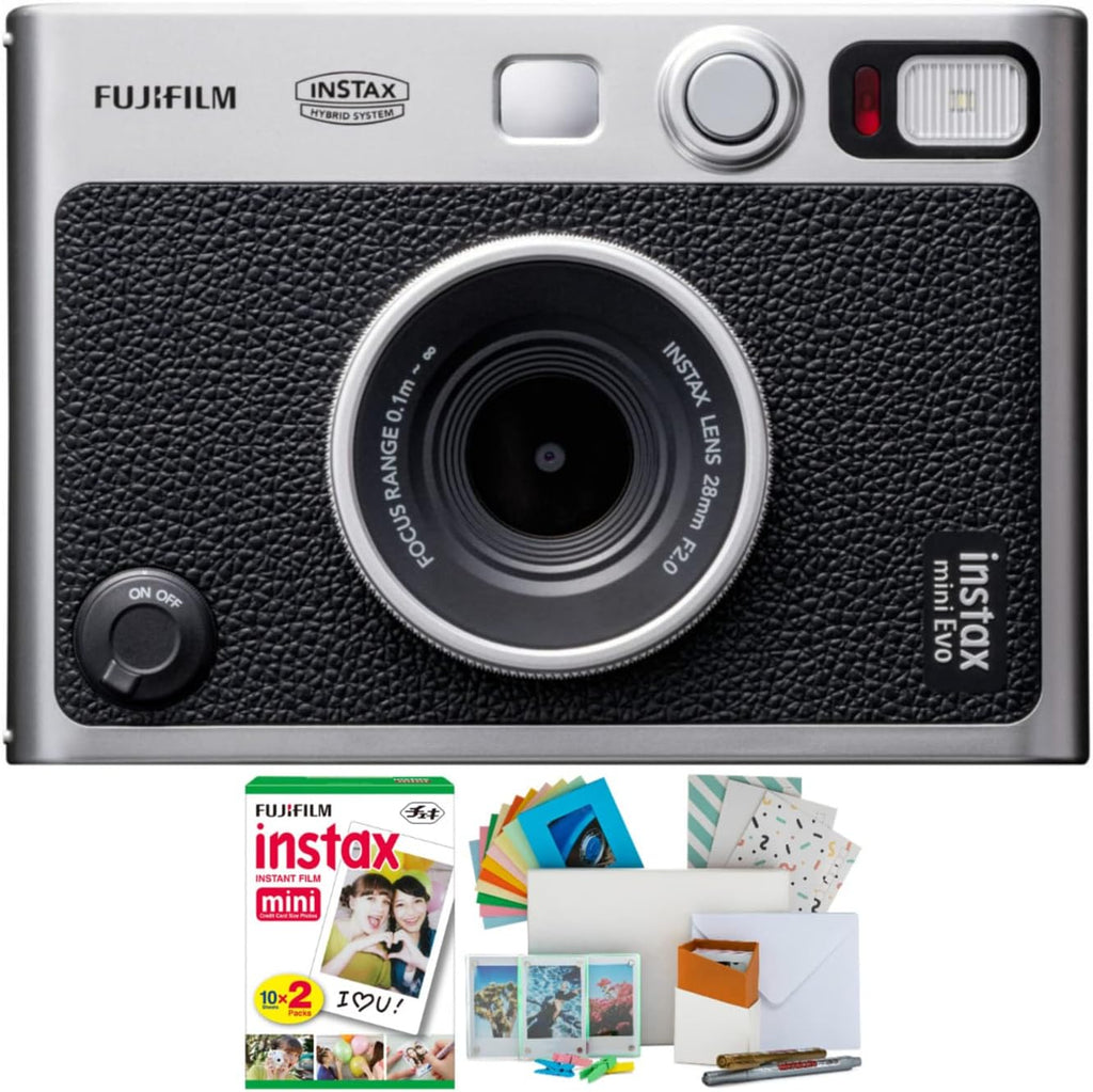 Fujifilm Instax Mini EVO Hybrid Digital/Instant Film Camera with Instax Mini Twin Film Pack (20 Exp) + Photo Box, Frames and Postcard Set Bundle