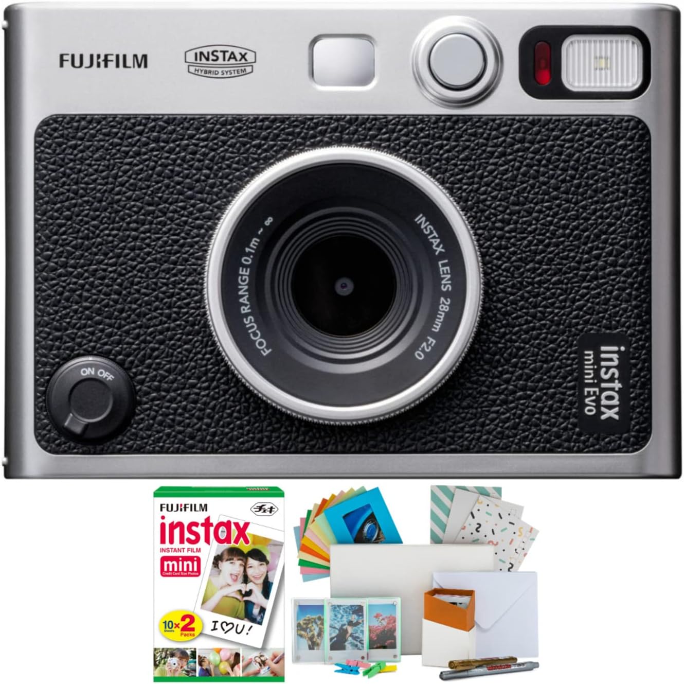 Fujifilm Instax Mini EVO Hybrid Digital/Instant Film Camera with Instax Mini Twin Film Pack (20 Exp) + Photo Box, Frames and Postcard Set Bundle