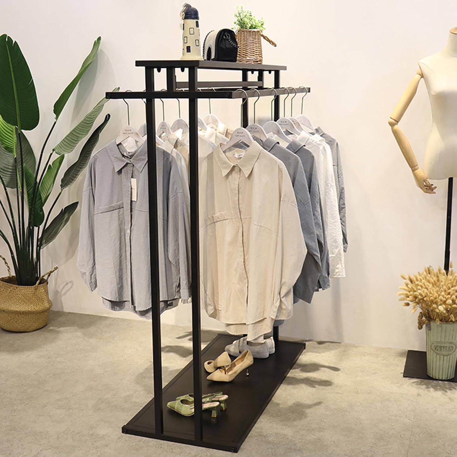 Heavy Duty Double Hanging Rods Clothing Rack for Bedroom/Laundry Room/Retail Store Freestanding Clothes Garment Rack with Shelves and Retail Display Stand
