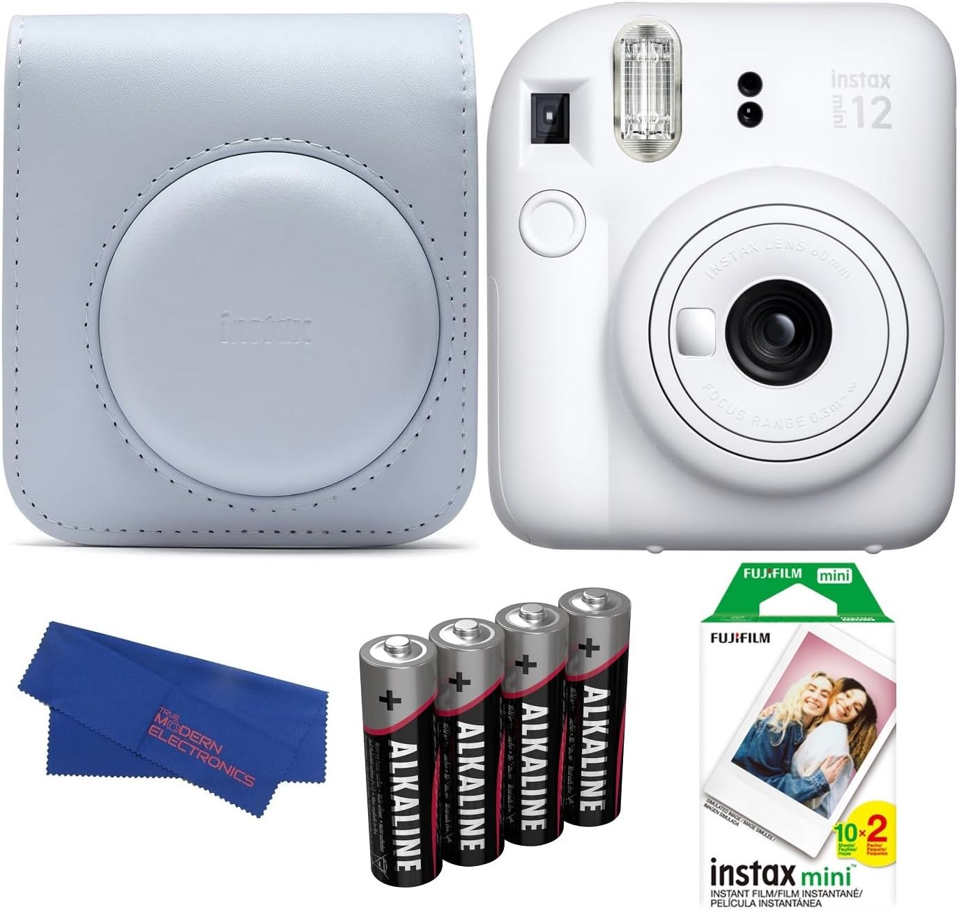 Fujifilm INSTAX MINI 12 Instant Film Camera Bundle, Includes: INSTAX Mini Film (20 Exposures), INSTAX Mini 12 Case and More (5 Items) (Clay White)