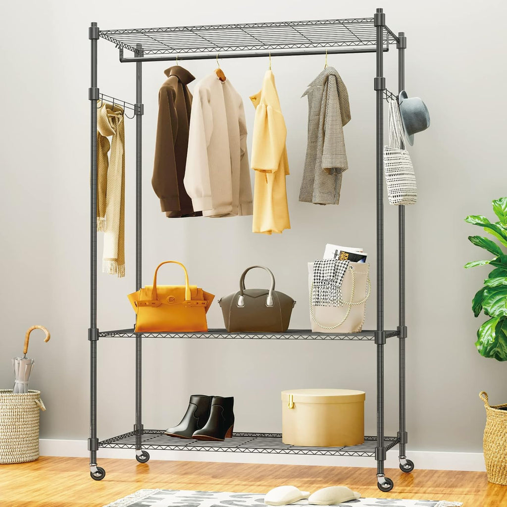 Himimi 3 Tier Heavy Duty Garment Rack with Wheels, Adjustable Wire Shelving Clothes Rack with Hanging Rod, 4 Side Hooks - Freestanding Metal Wardrobe Storage Rack, Grey