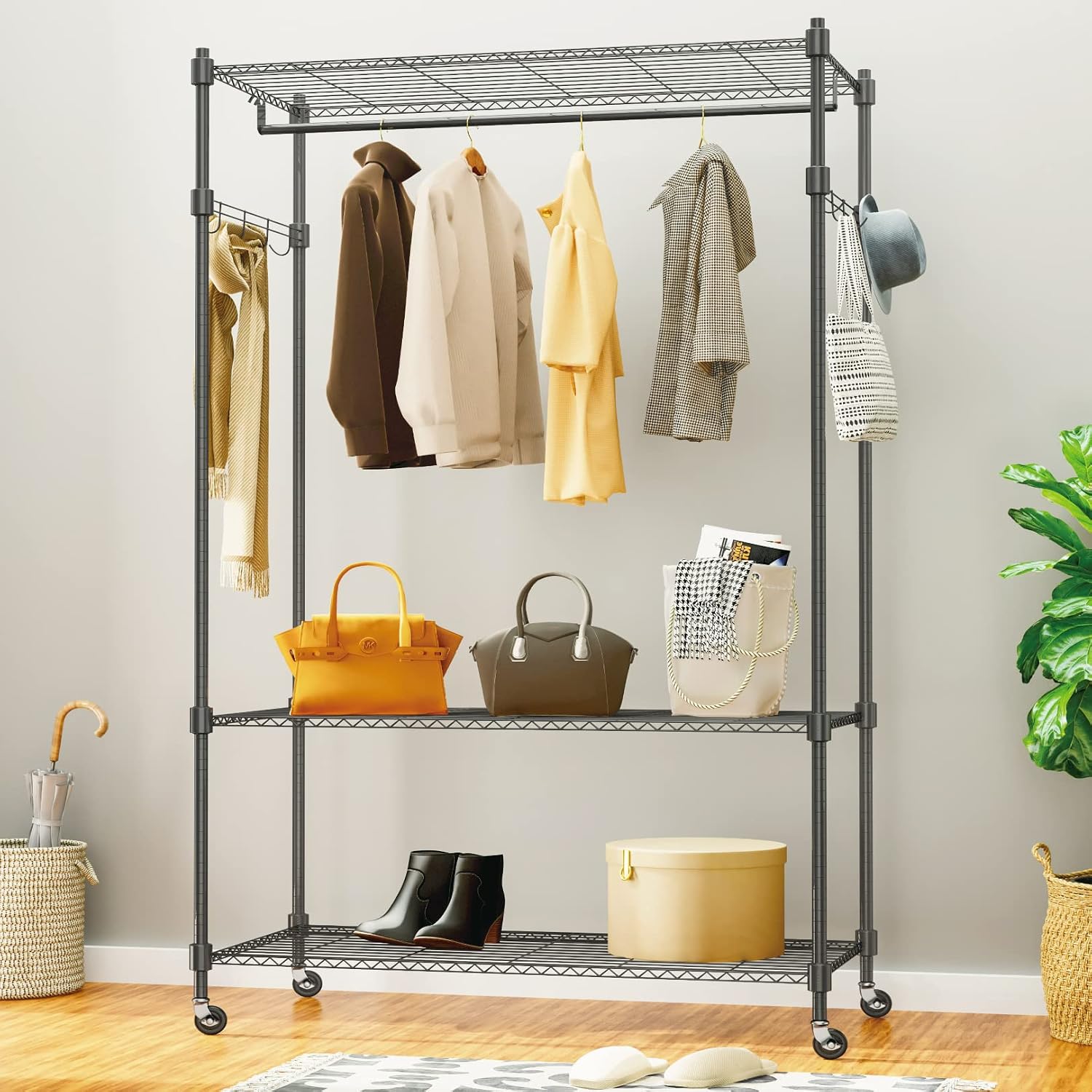 Himimi 3 Tier Heavy Duty Garment Rack with Wheels, Adjustable Wire Shelving Clothes Rack with Hanging Rod, 4 Side Hooks - Freestanding Metal Wardrobe Storage Rack, Grey