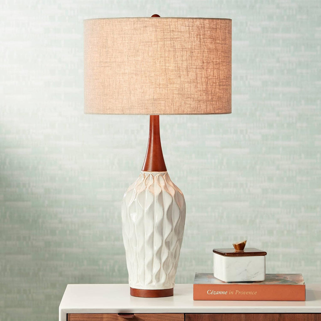 360 Lighting Rocco Mid Century Modern Table Lamps 30' Tall Set of 2 White Geometric Ceramic Oak Wood Tan Fabric Drum Shade for Bedroom Living Room Bedside Nightstand House Home Office