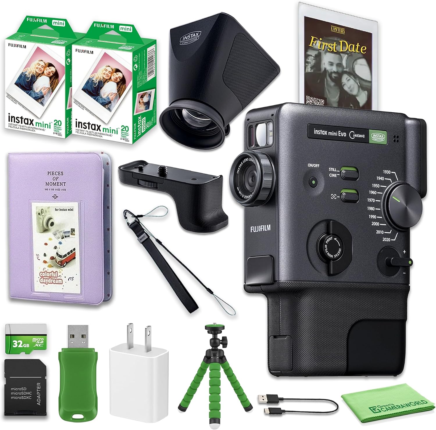 FUJIFILM instax mini Evo Cinema Hybrid Instant Camera Print Bundle with Viewfinder Grip + Album + Tripod + 32GB Card + USB Reader and 40-Photo Instax Mini Film