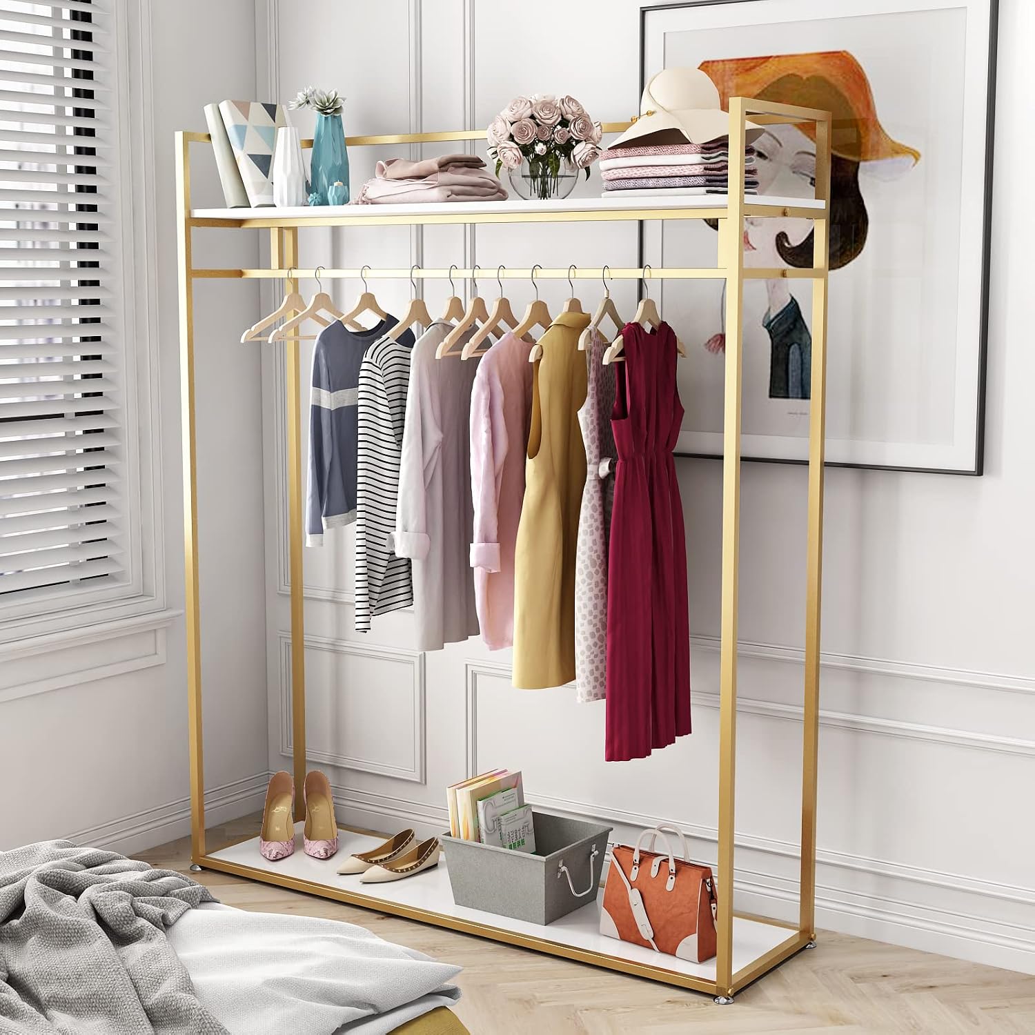 Heavy Duty Gold Clothing Rack with Shelves for Hanging Clothing, Gold Metal Freestanding Garment Rack for Retail Display (59' L)