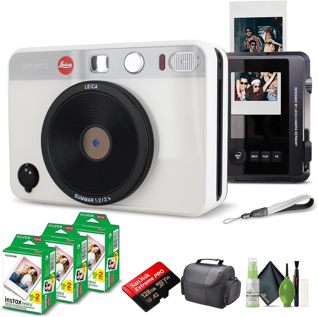 Leica Sofort 2 Hybrid Instant Photo Film and Digital Camera (White) (19188) with LCD Display Bundle with Fujifilm Instant Film 60 Sheets + 128 GB Memory Card + Bag + Cleaning Kit