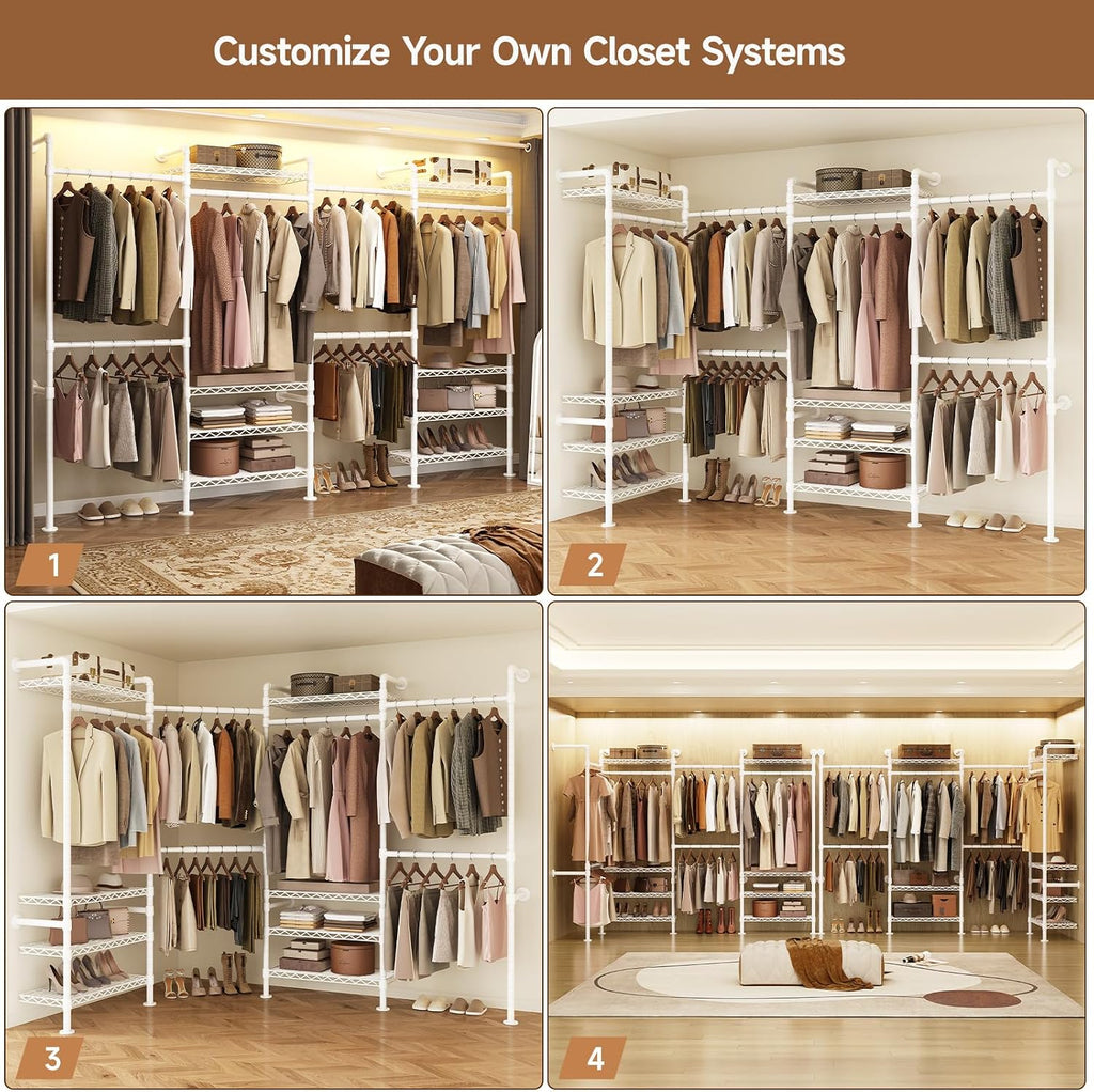 ComfyCorner Wall Mounted Garment Rack, Industrial Pipe Metal Clothing Rack with 6 Hanging Rods (4 Expandable) & 8 Shelves, Closet Organizers and Storage System for Bedroom, Walk in Closet