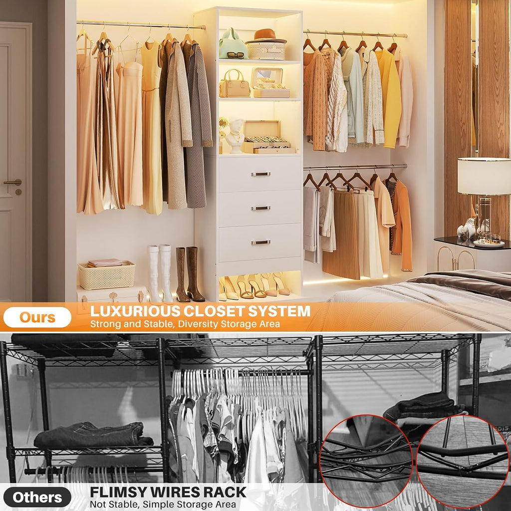 Homieasy 96 Inches Closet Organizer System, 8FT Customizable Walk In Closet Organizer with Hanging Rods, 3 Drawers Garment Rack with Leather Handle , 96' L x 16' W x 75' H, Max Load 1000 LBS, White