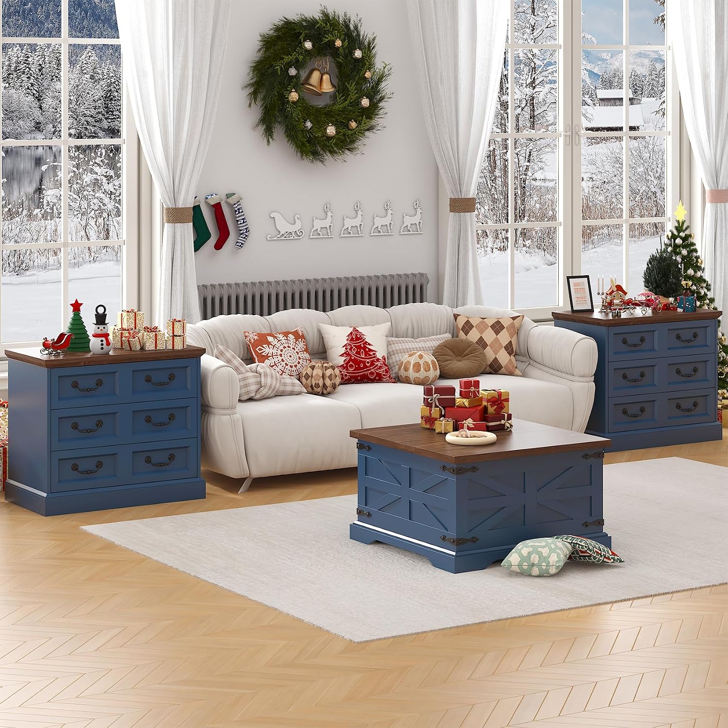 VVFLU 27.6' Wide Farmhouse Nightstand with Charging Station, 3 Drawer Nightstands Set of 2, Larger Side Table End Table, Modern Night Stand for Bedroom, Living Room, Blue Nightstand