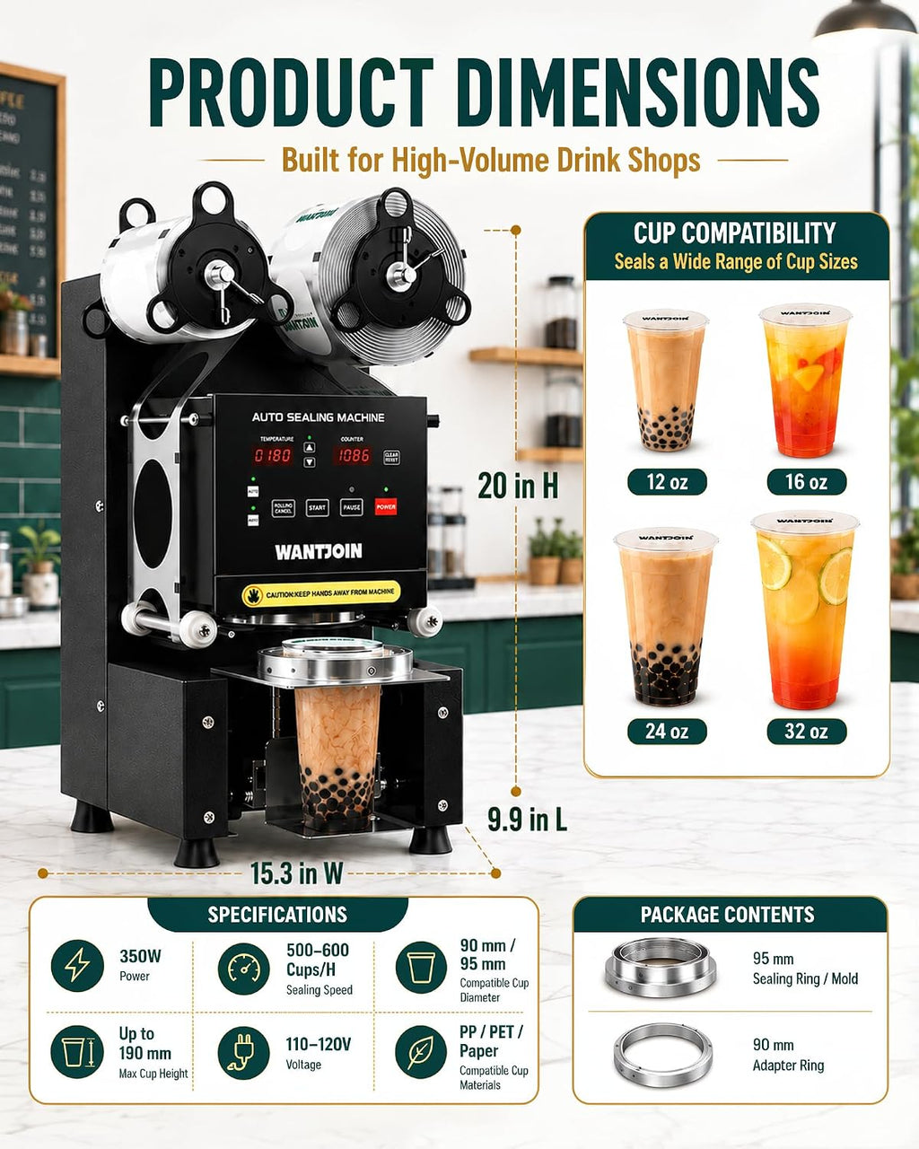 WantJoin Cup Sealing Machine Full Automatic Cup Sealer Machine 90/95mm Electric Cup Sealing Machine 500-600 Cups/H Digital Control LCD Panel Cup Sealer for Bubble Milk Tea Coffee Black