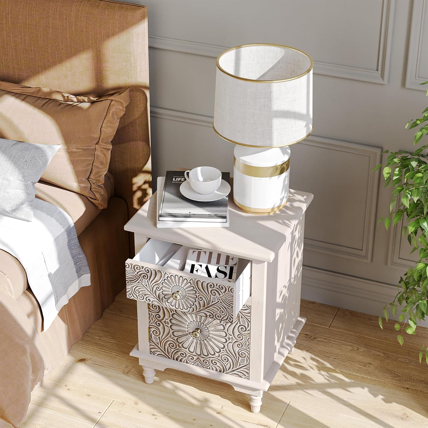 SUNBURY Night Stand Set 2, Accent End Table with Storage, Bedside Table, Vintage Wood Nightstand with Drawers for Living Room, Bedroom, No Assembly Required
