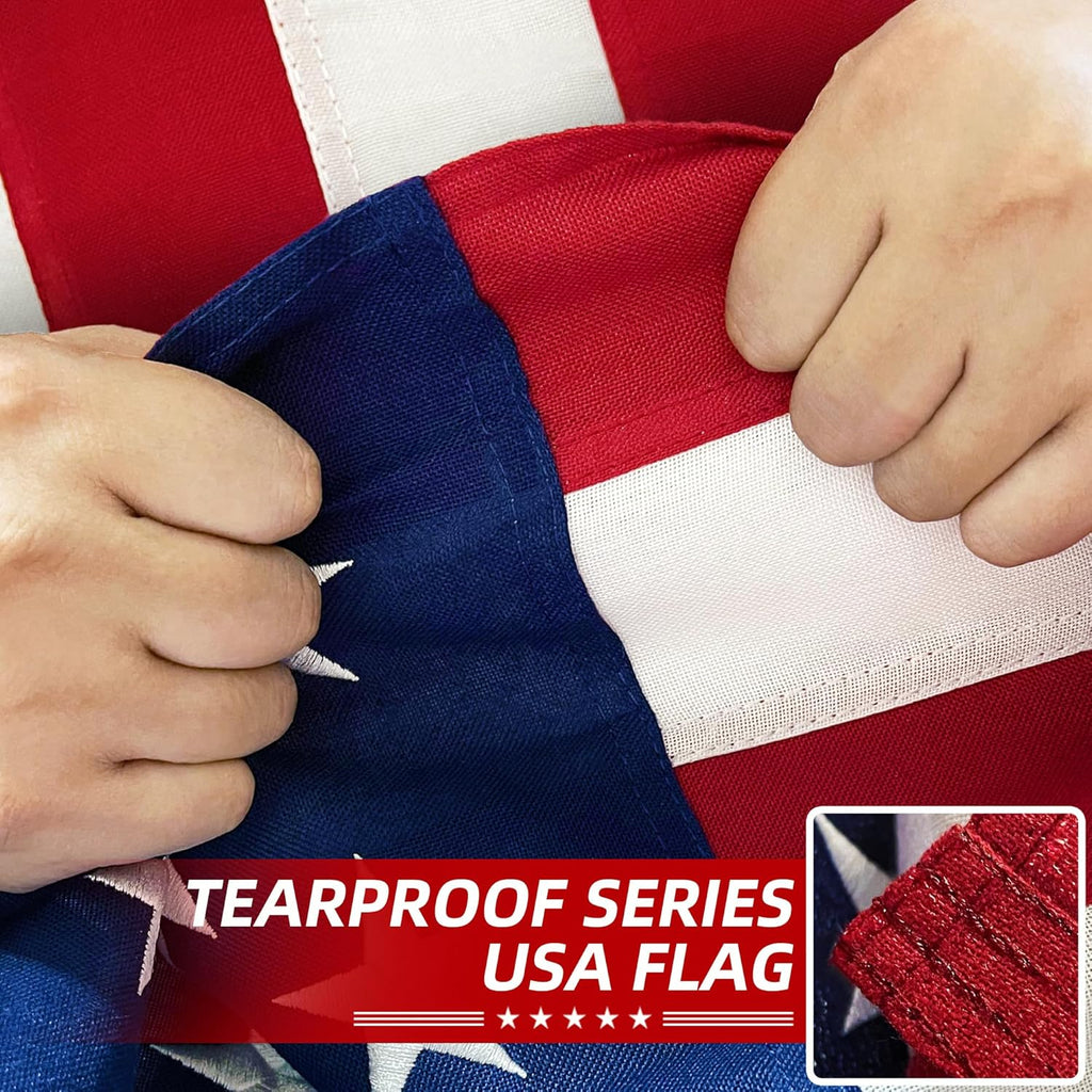 Premium American Flag 8x12 Ft TearProof Series for Outside, Heavy Duty Outdoor，Longest Lasting, Super Tough Fade Resistant Spun Polyester, High Wind US Outdoor Flags Embroidered Stars, Sewn Stripes, Brass Grommets