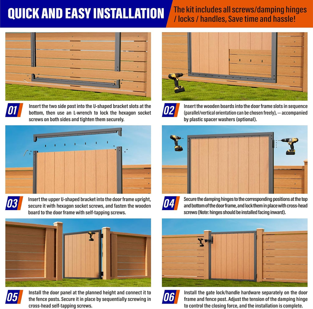 4x4FT (46.78' W X 47.2' H) 201 Stainless Steel Anti Sag Wooden Fence Gate Kit Heavy Duty Garden Gate Frame Hardware Kit Reinforcement (Left/Right Free-Installation)