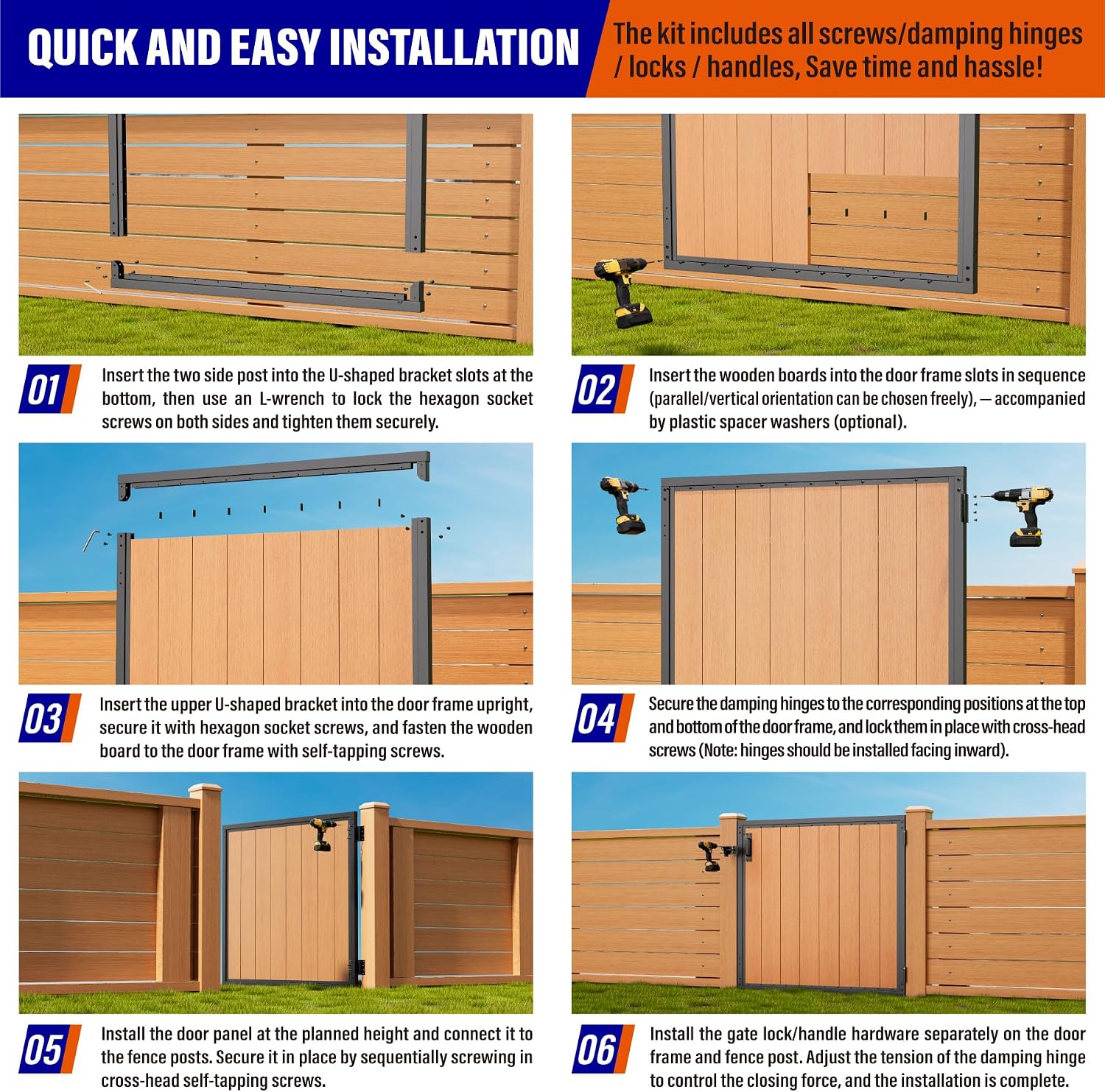 4x4FT (46.78' W X 47.2' H) 201 Stainless Steel Anti Sag Wooden Fence Gate Kit Heavy Duty Garden Gate Frame Hardware Kit Reinforcement (Left/Right Free-Installation)