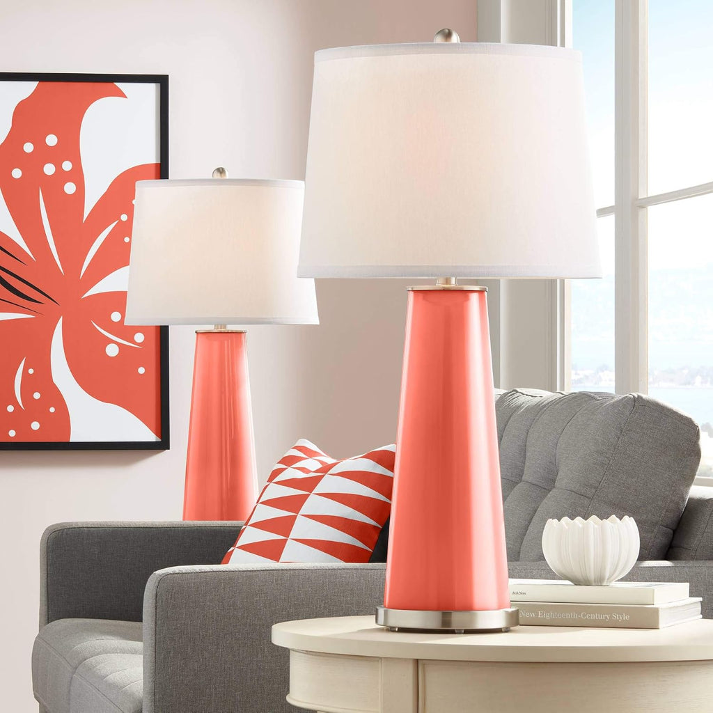 Color + Plus Leo 29 1/2' Tall Cylinder Modern End Table Lamps Set of 2 Koi Orange Brushed Nickel Finish Glass Fabric White Shade Living Room Bedroom Bedside Nightstand House Office Home Reading