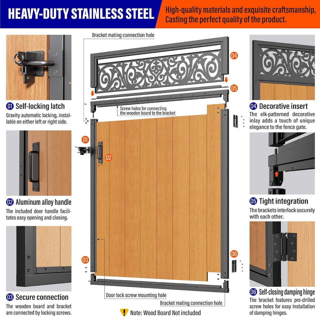 4x6FT (46.78'W X 70.8'H) 201 Stainless Steel Anti Sag Wooden Fence Gate Kit Heavy Duty Garden Gate Frame Hardware Kit Reinforcement (Left/Right Free-Installation)