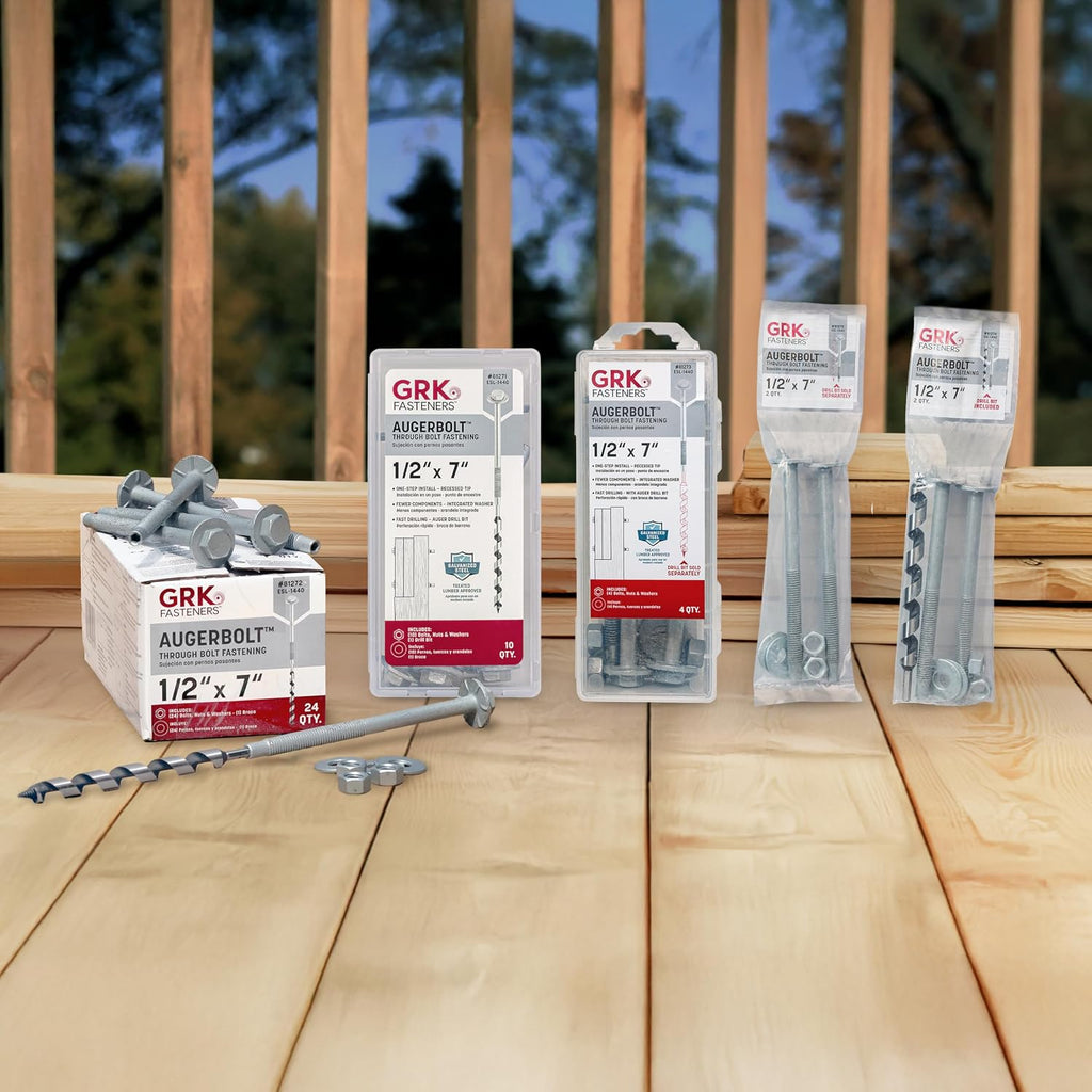 GRK Fasteners AugerBolt™ Through Bolt Fastening System, Galvanized Heavy-Duty Carriage Bolts, Rust & Corrosion Resistance for Post-to-Beam Connections, 24 Bolts with Drill Bit, Hex Nuts, & Washers