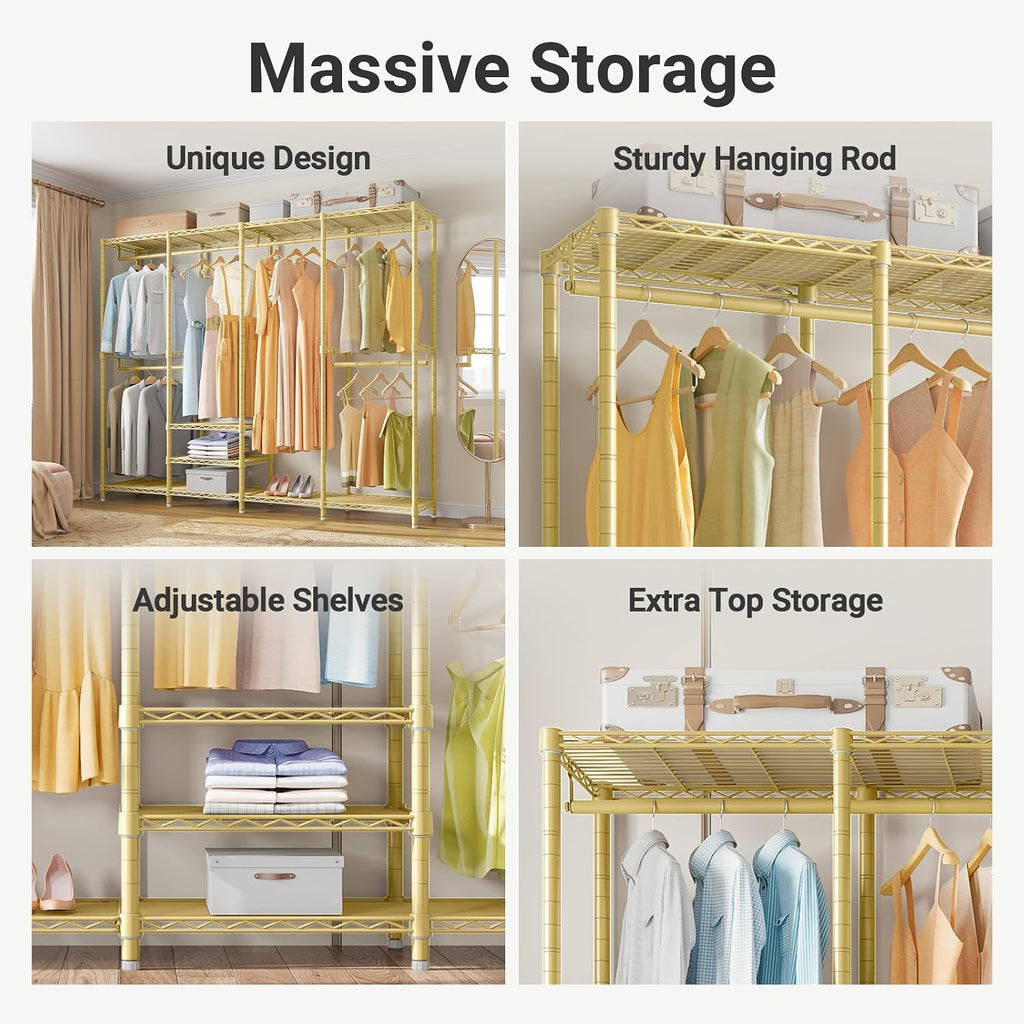 VIPEK V40 Heavy Duty Clothes Rack, 1110lb Capacity Sturdy Metal Garment Rack, Clothing Rack with 6 Shelves & 4 Hang Rods, Adjustable Open Wardrobe Closet Organizer for Bedroom/Apartment/Retail, Gold