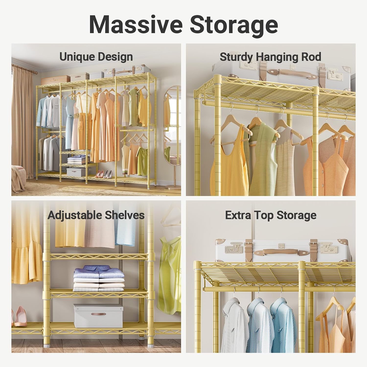 VIPEK V40 Heavy Duty Clothes Rack, 1110lb Capacity Sturdy Metal Garment Rack, Clothing Rack with 6 Shelves & 4 Hang Rods, Adjustable Open Wardrobe Closet Organizer for Bedroom/Apartment/Retail, Gold