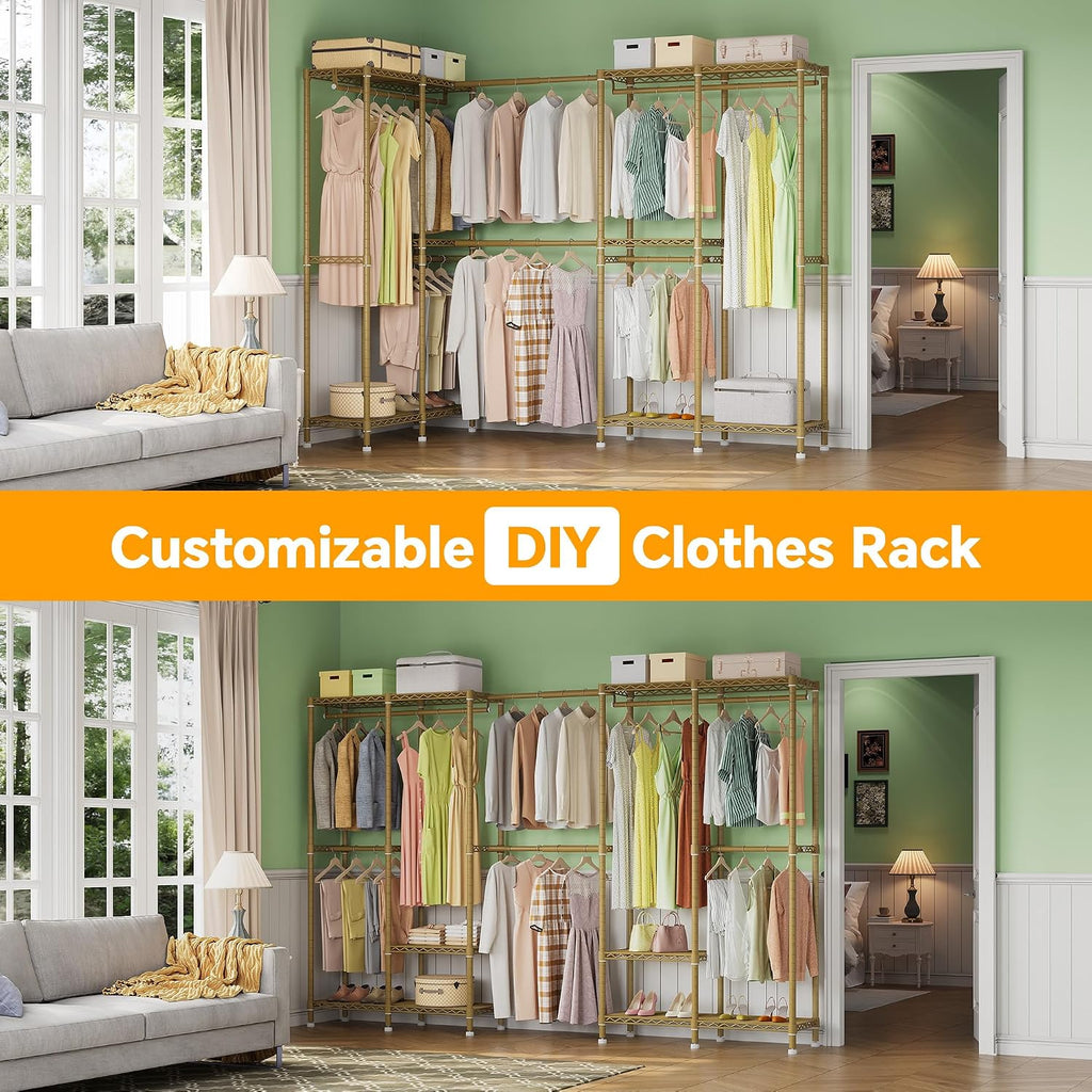 Higeego H5 Pro Heavy Duty Clothes Rack Wardrobe Closet for Hanging Clothes, Freestanding Garment Rack with Expandable Hanger Rods, Closet Organizer and Storage, (97.7-115.4')L x 15.7'W x 75.4'H, Gold