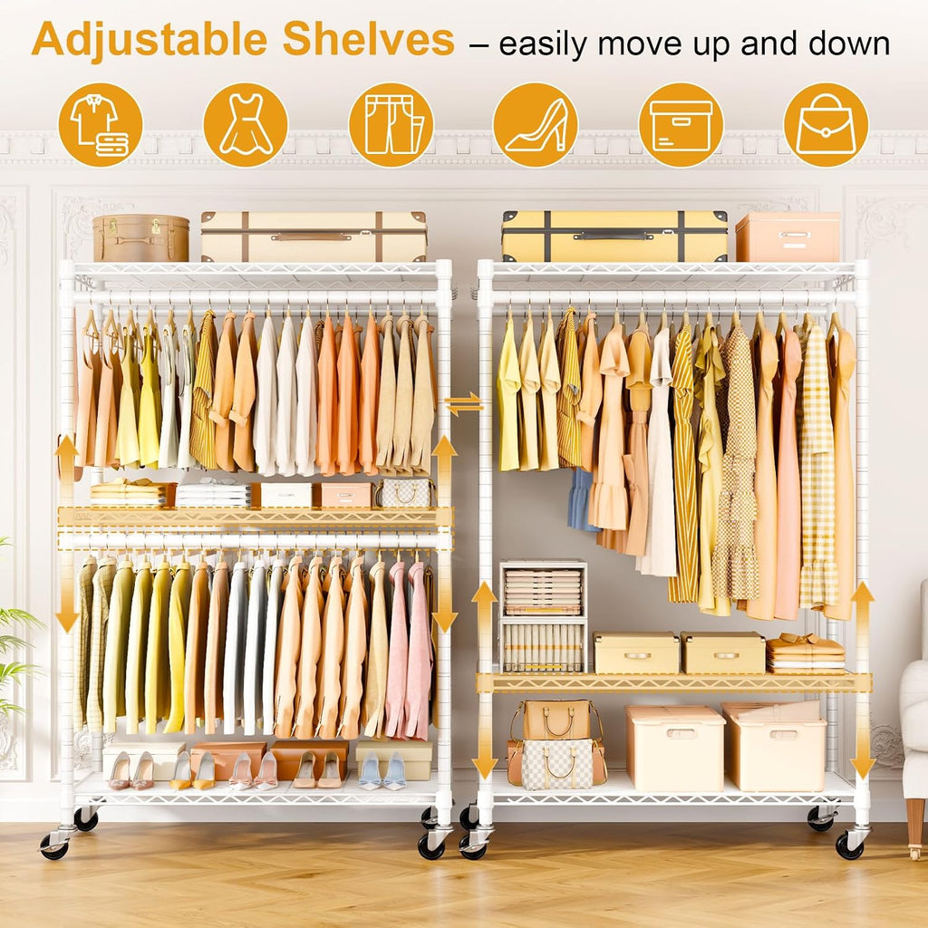 ULIFHOME P5 Plus Rolling Clothes Rack Heavy Duty, Clothing Racks for Hanging Clothes, Metal Garment Rack with Wheels, 3-Tier Portable Closet Rack 45'' W × 20.5'' D × 80.5'' H, Max Load 660 Lbs, White