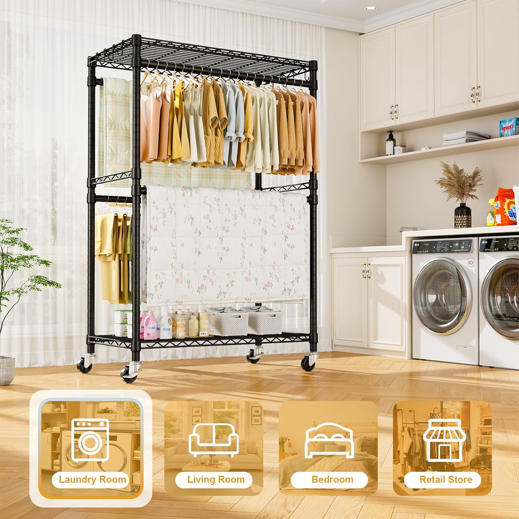 ULIFHOME P4 Plus & P7 Rolling Clothes Rack Heavy Duty, Clothing Racks for Hanging Clothes, Free Standing Garment Racks with Wheels, Portable Closet Rack 45''W × 20.5''D × 80.5''H, Black