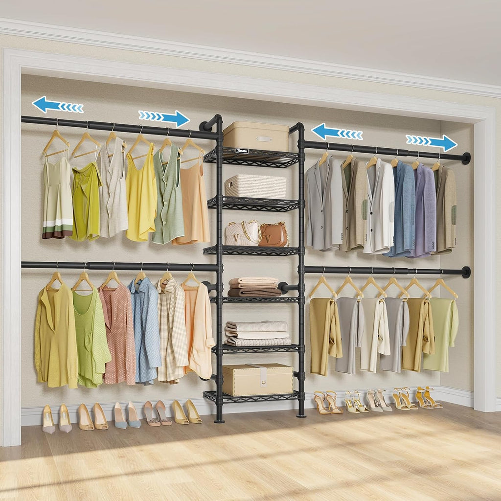 Timate S3X Medium Expandable Wall Mounted Clothes Rack with 6 Adjustable Shelves & 4 Expandable Hanger Rods, Heavy Duty Industrial Pipe Clothing Rack for Hanging Clothes, Fits Spaces 5'3'- 8', Black