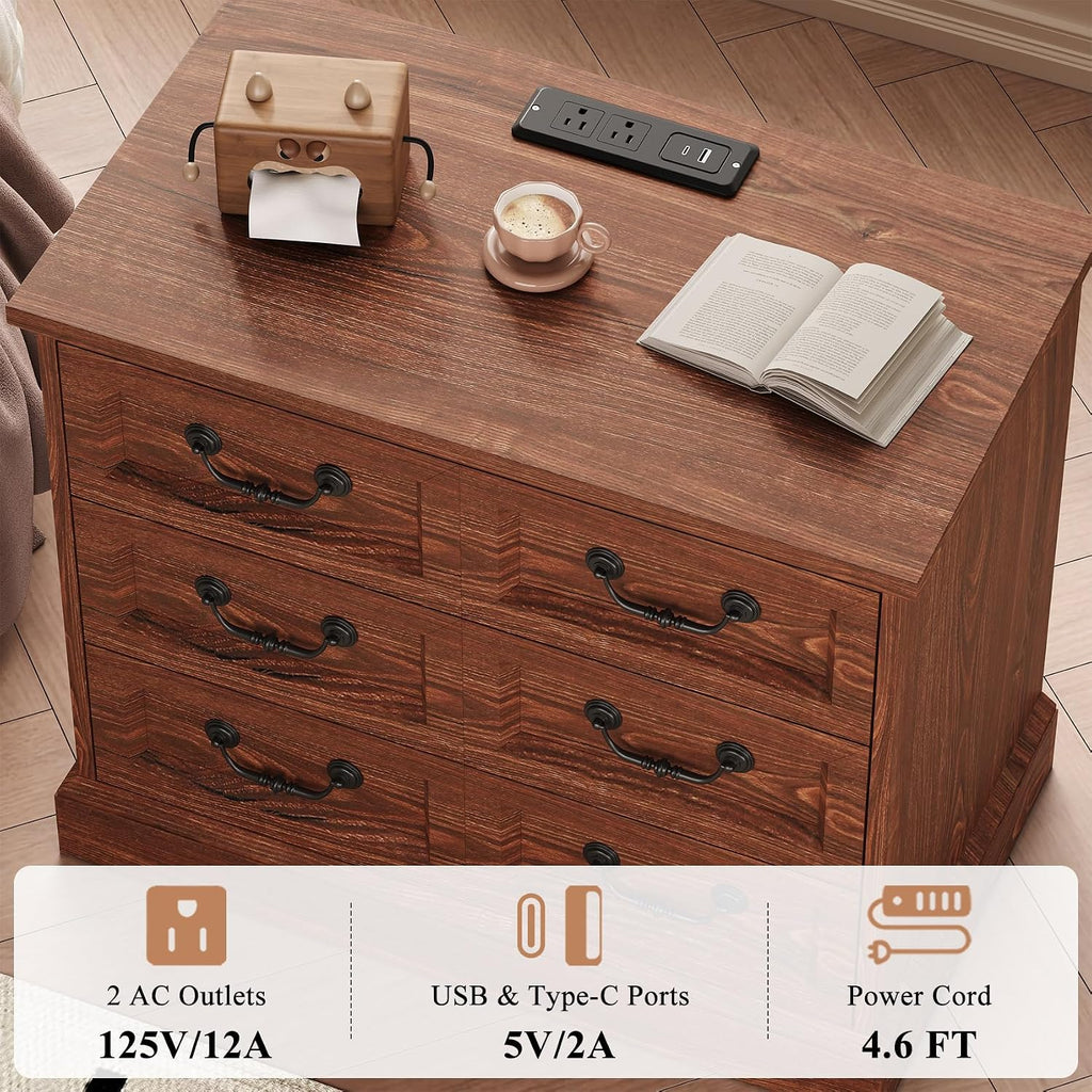 VVFLU 27.6' Wide Farmhouse Nightstand with Charging Station, 3 Drawer Nightstands Set of 2, Larger Side Table End Table, Modern Night Stand for Bedroom, Living Room, Cherry Nightstand
