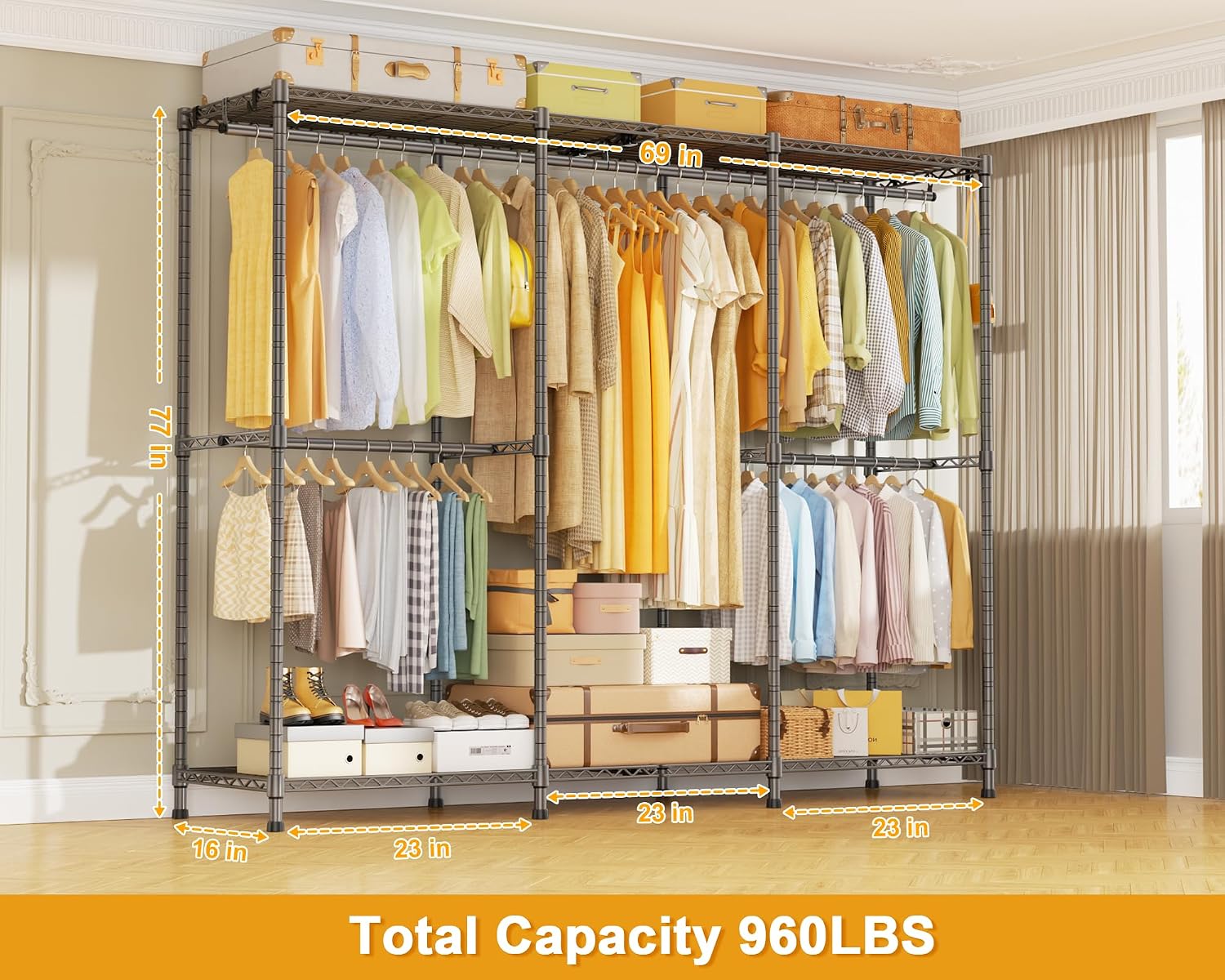 ULIFHOME E14 Pro Heavy Duty Clothes Rack，Freestanding Clothing Racks for Hanging Clothes，Adjustable Closet Organizers and Storage，Metal Garment Rack with Shelves 69'W x16'D x77'H，Max Load 960LBS，Grey