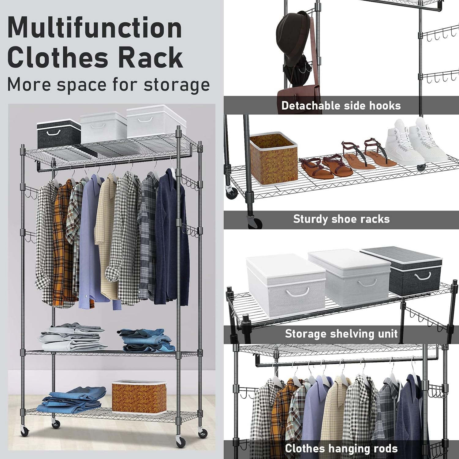 Heavy Duty Clothes Rack, Adjustable Rolling Garment Rack with Shelves, Freestanding Wardrobe Rack 1 Clothes Hanging Bar, 3 tired Wire Shelving, 4 Hanger Hooks - Hold Up to 400Lbs (Black, 1Rod 4Hook)