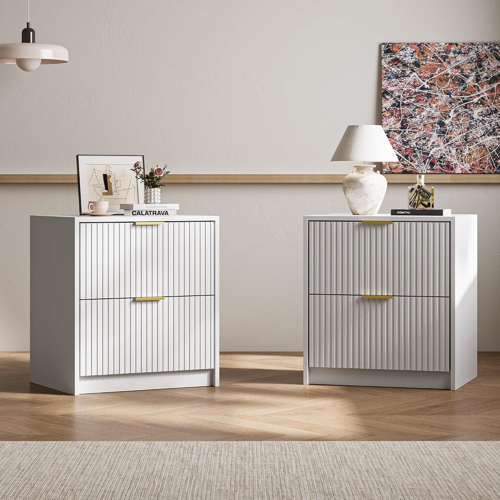 MAISONARIA Fluted Nightstands Set of 2 with 2 Drawers, 19.6' Modern Storage Bedside Table with Golden Metal Handles, Wooden End Table for Bedroom, White