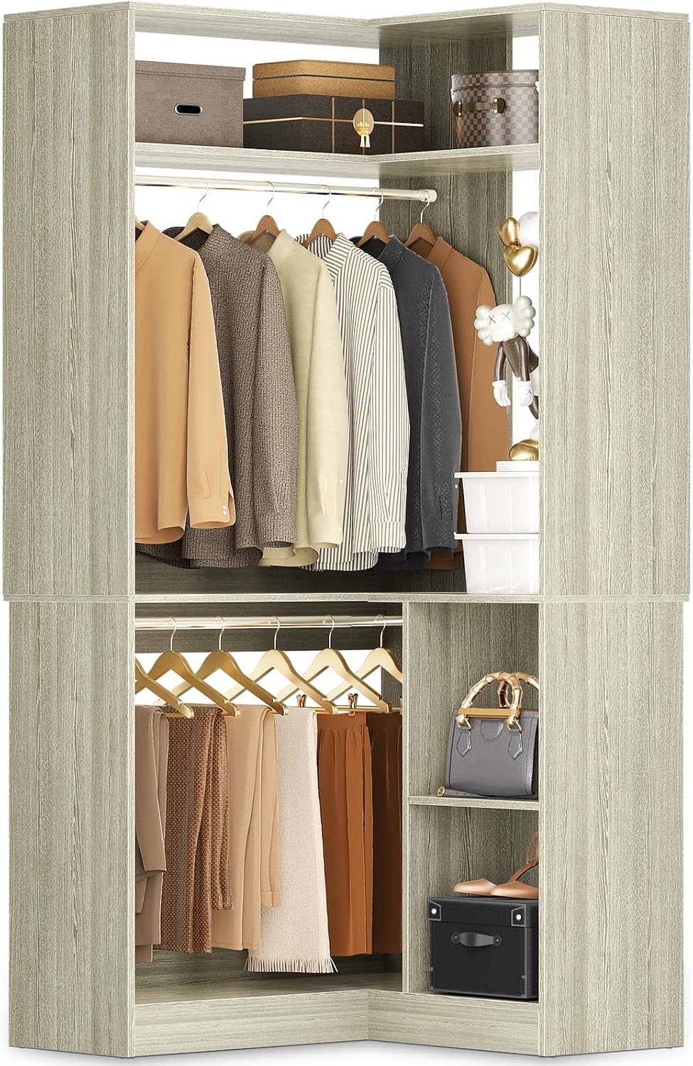 Aheaplus Corner Closet System with Shelves, 34'' Closet Organizer System with Hanging Rods, Wood Walk-in Closets for Corner Small Space,Freestanding Corner Tower, L Shaped Garment Rack, White Oak