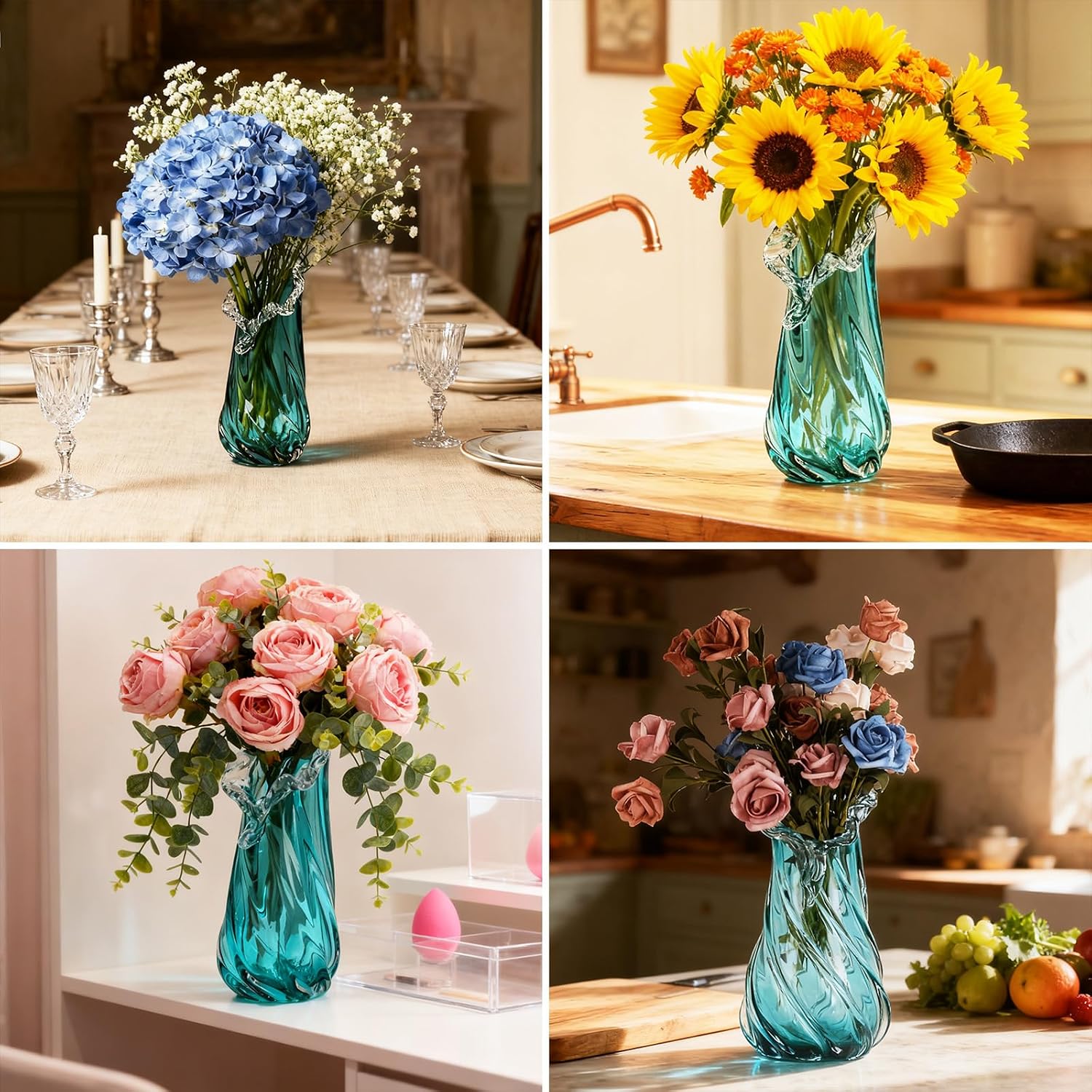 Vases Home Decor - 13In Crystal Vase, Glass Blue Vase, Flower Holders for Bouquet, Centerpieces & Single Stems, Tall for Roses, Dried Flowers, Pampas Grass, Fits Living Room Bedroom Office (S)