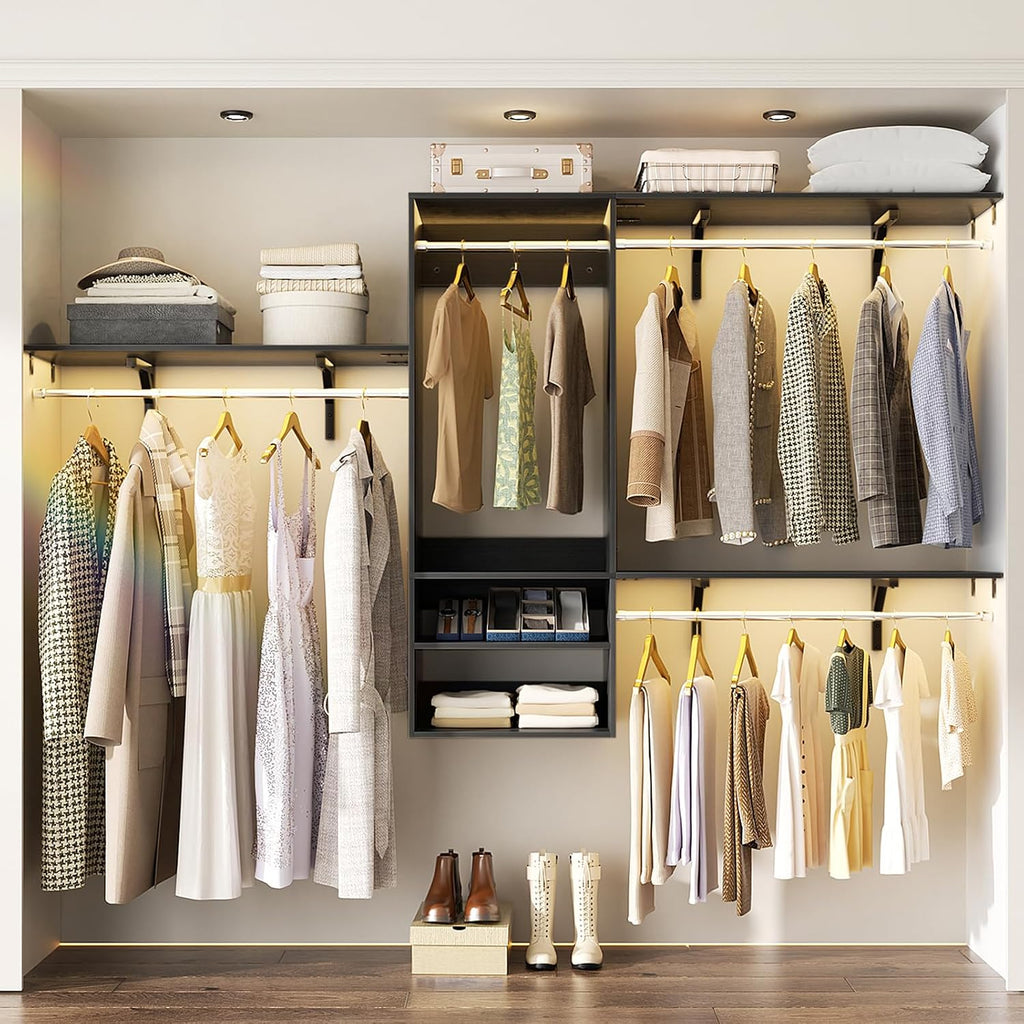 Besiost 8FT Hanging Closet System, 96 Inch Closet Organizer System with Hanging Rod, Walk In Mounted Closet System, Built-In Clothes Garment Rack with 3 Shelving Towers(Can Be Cut To Fit), Black