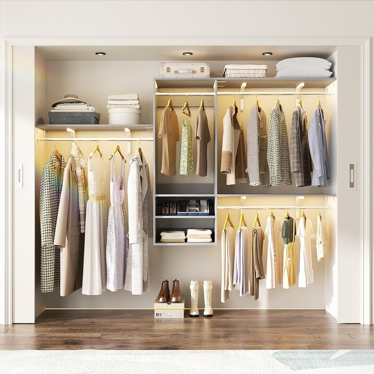 8FT Hanging Closet System, 96 Inch Closet Organizer System with Hanging Rod, Walk In Mounted Closet System, Built-In Clothes Garment Rack with 3 Shelving Towers(Can Be Cut To Fit), Grey