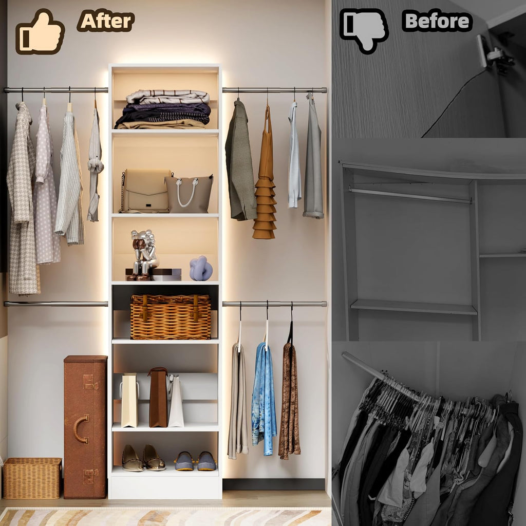 Closet System, 3Ft-5Ft Closet Organizer System With Adjustable Shelves, Walk-In Closet Storage System With 5 Expandable Hanging Rods, Adjustable Cloth Garment Rack from 3 to 5FT, White