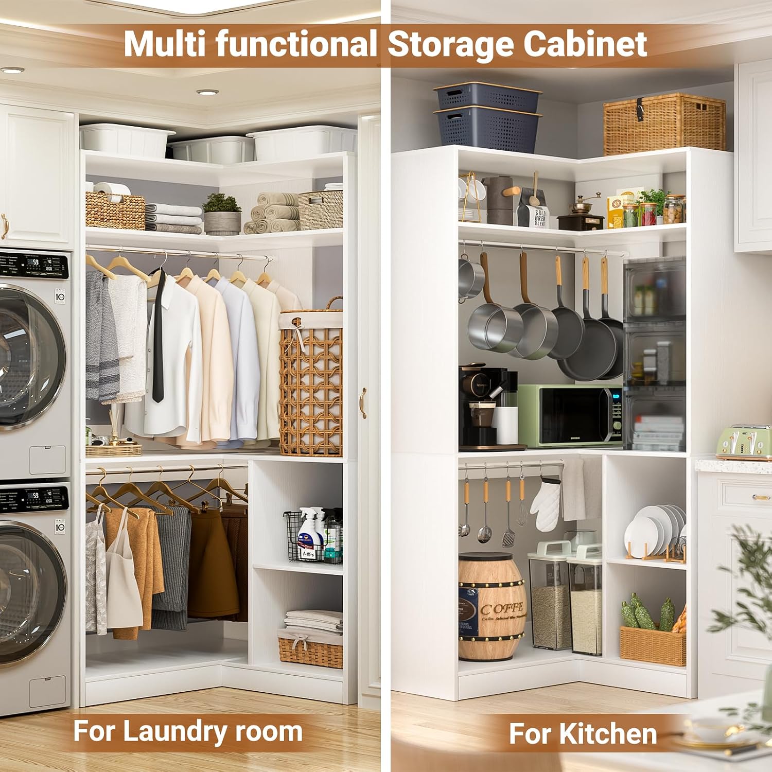 Aheaplus Corner Closet System With Shelves, 34'' Organizer With Hanging Rods, Wood Walk-in for Small Space, Freestanding Tower, L Shaped Garment Rack, White