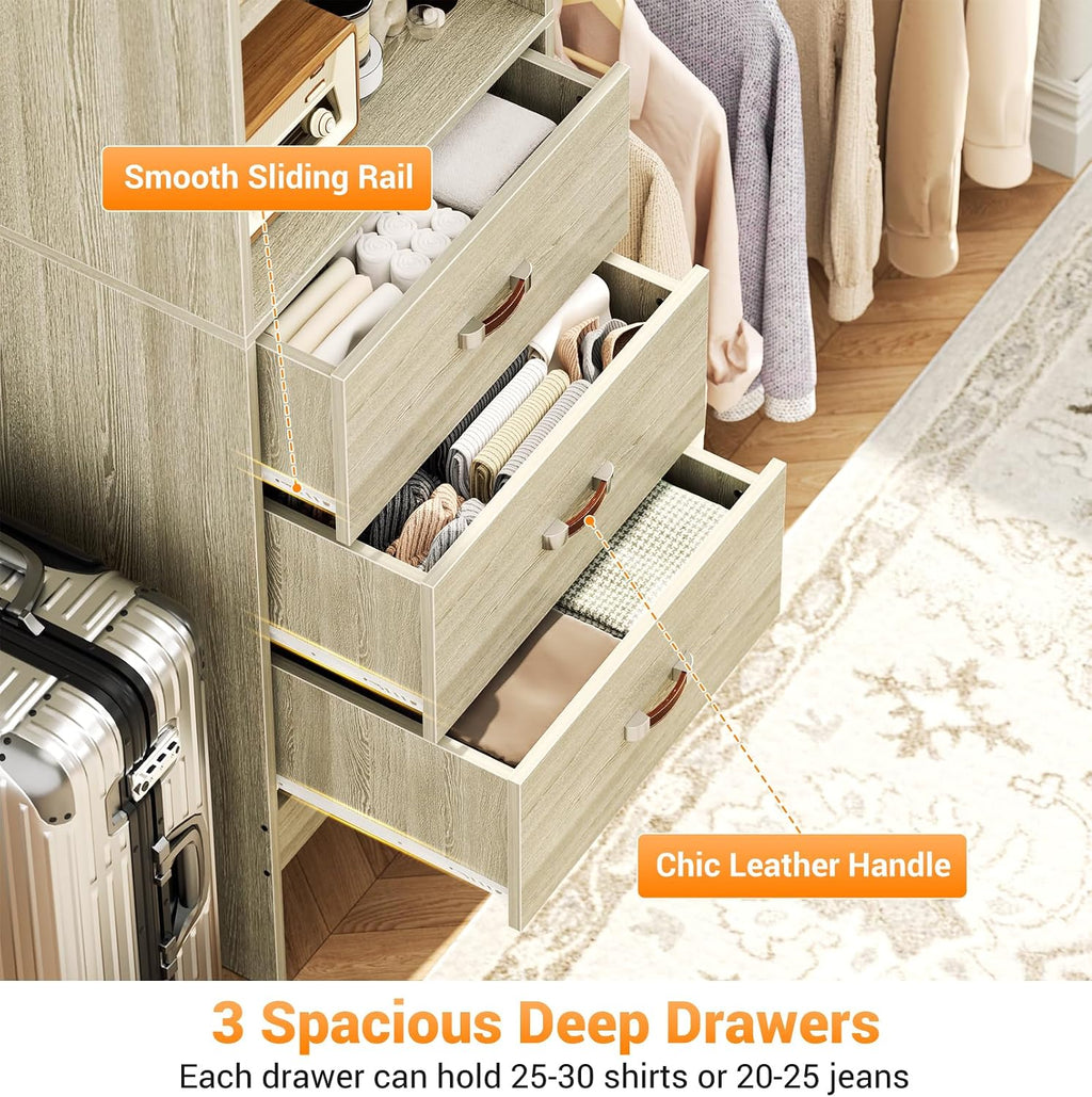 Homieasy 96 Inches Closet Organizer System, 8FT Customizable Walk In Closet Organizer with Hanging Rods, 3 Leather Handle Drawers Garment Rack, 96' L x 16' W x 75' H, Max Load 1000 LBS, White Oak