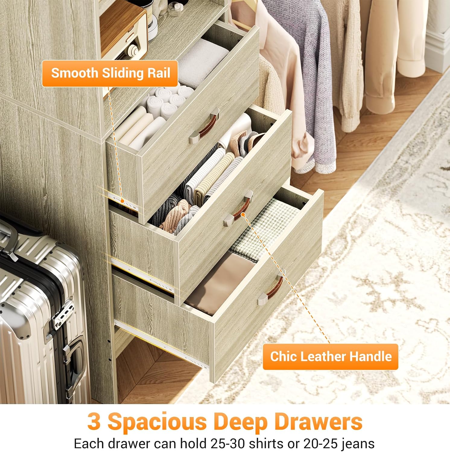Homieasy 96 Inches Closet Organizer System, 8FT Customizable Walk In Closet Organizer with Hanging Rods, 3 Leather Handle Drawers Garment Rack, 96' L x 16' W x 75' H, Max Load 1000 LBS, White Oak