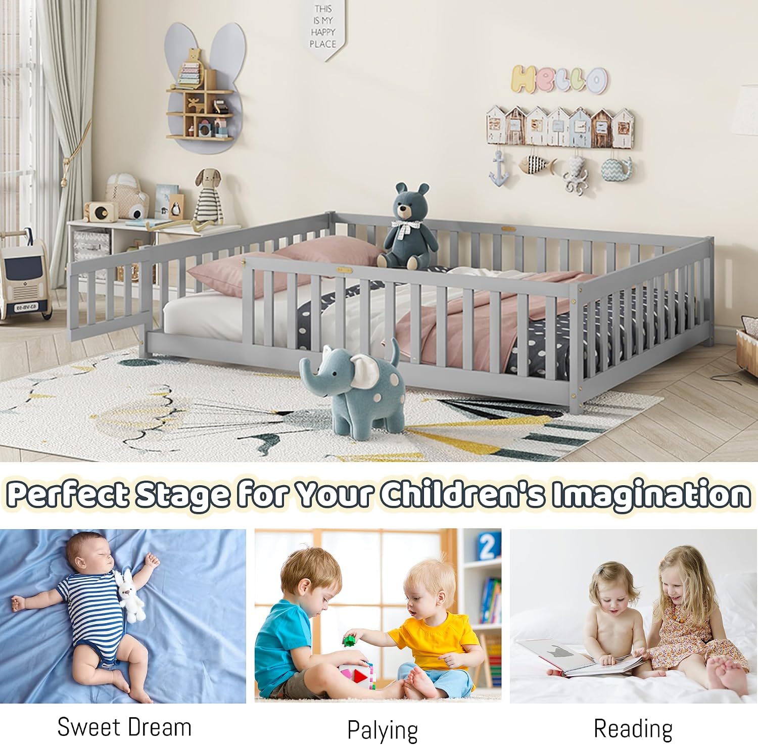 Full Floor Bed with Safety Guardrails for Kids, Rubber Wood Montessori Bed with Slats and Convertible Door,Full Size Bed Frame for Girls and Boys,No Box Spring Needed,Grey